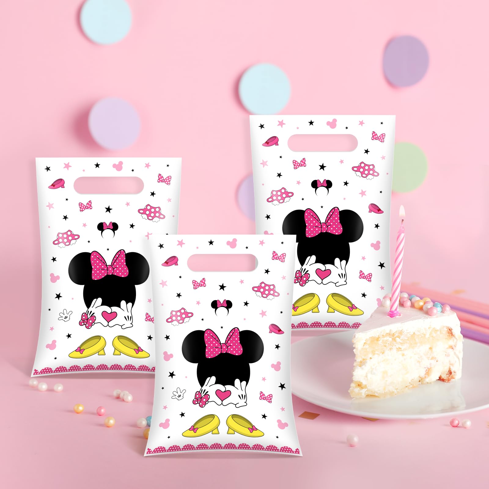 50 Pieces Pink Mouse Small Party Favor Bags Cute Mouse Head Birthday Plastic Gift Treat Bags for Kids Girls Pink Birthday Candy Snack Bag Baby Shower Party Supplies
