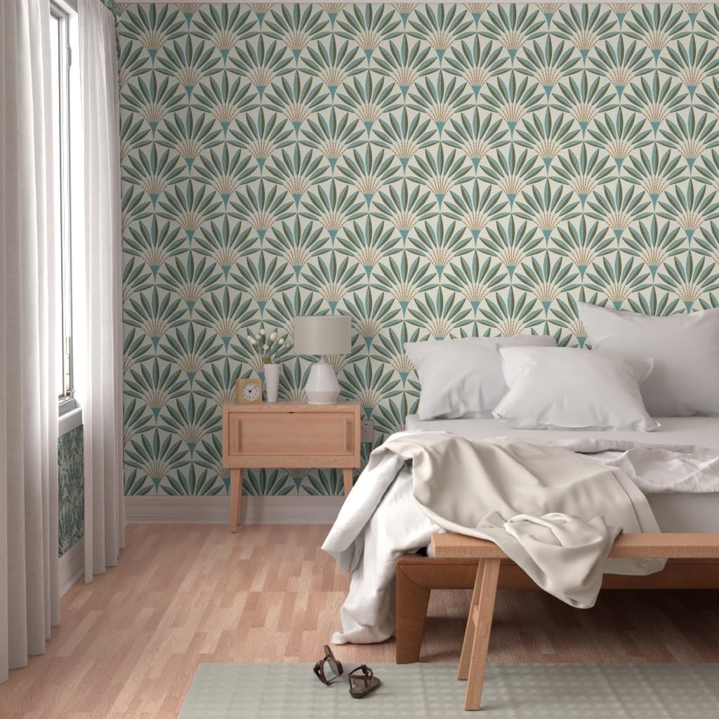 Spoonflower Commercial Grade Wallpaper Swatch - Modern Geometric Teal Green Orange Bold Linen Texture Retro Scallop Fans Traditional Wallpaper