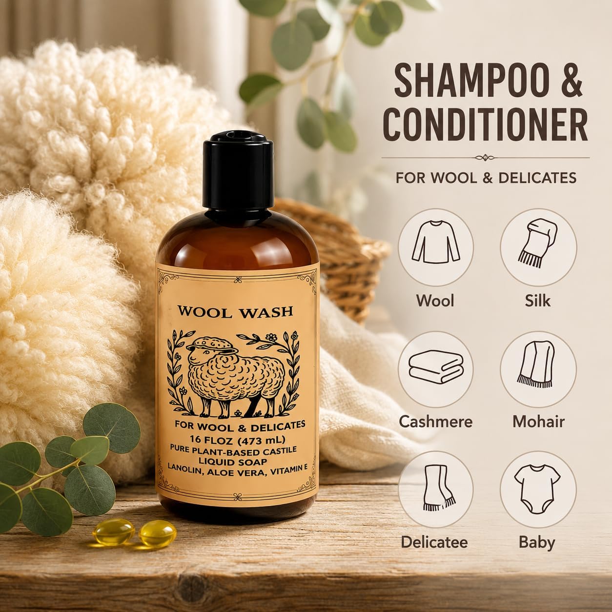 Wool Shampoo with Lanolin and Aloe Vera – Gentle Wool & Cashmere Wash – Hand & Machine Safe, 16 fl oz