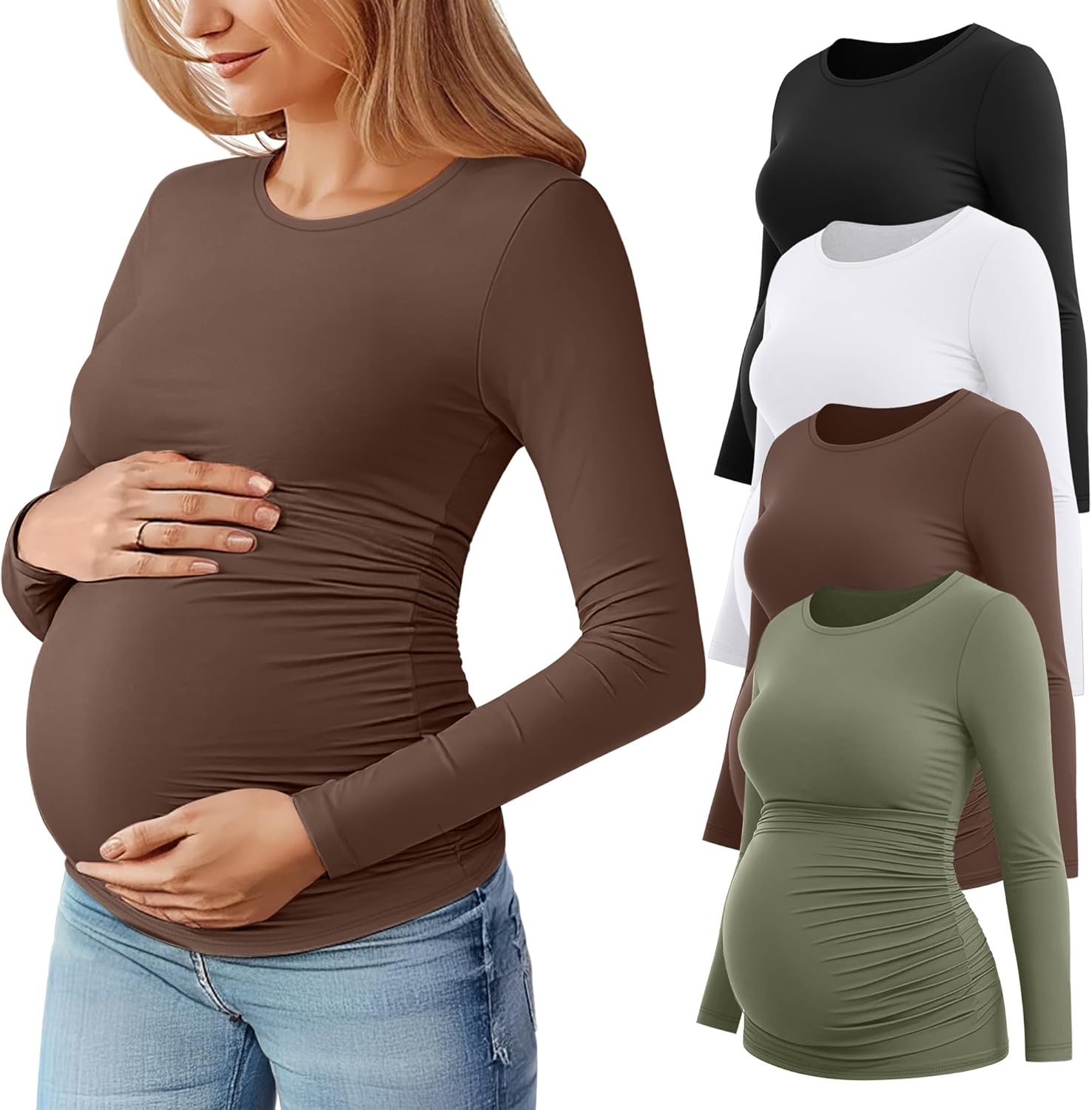 Huukeay 4 Pack Women's Maternity T Shirts, Long Sleeve Side Ruched Pregnancy Top Crew Neck Bodycon Shirts Casual Mama Clothes