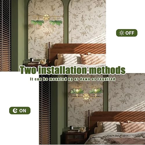 Miniatura 3 de 2 luces de tocador de baño sobre el espejo, apliques de pared dorados con pantalla de vidrio verde, aplique de pared de mediados de siglo, lámpara
