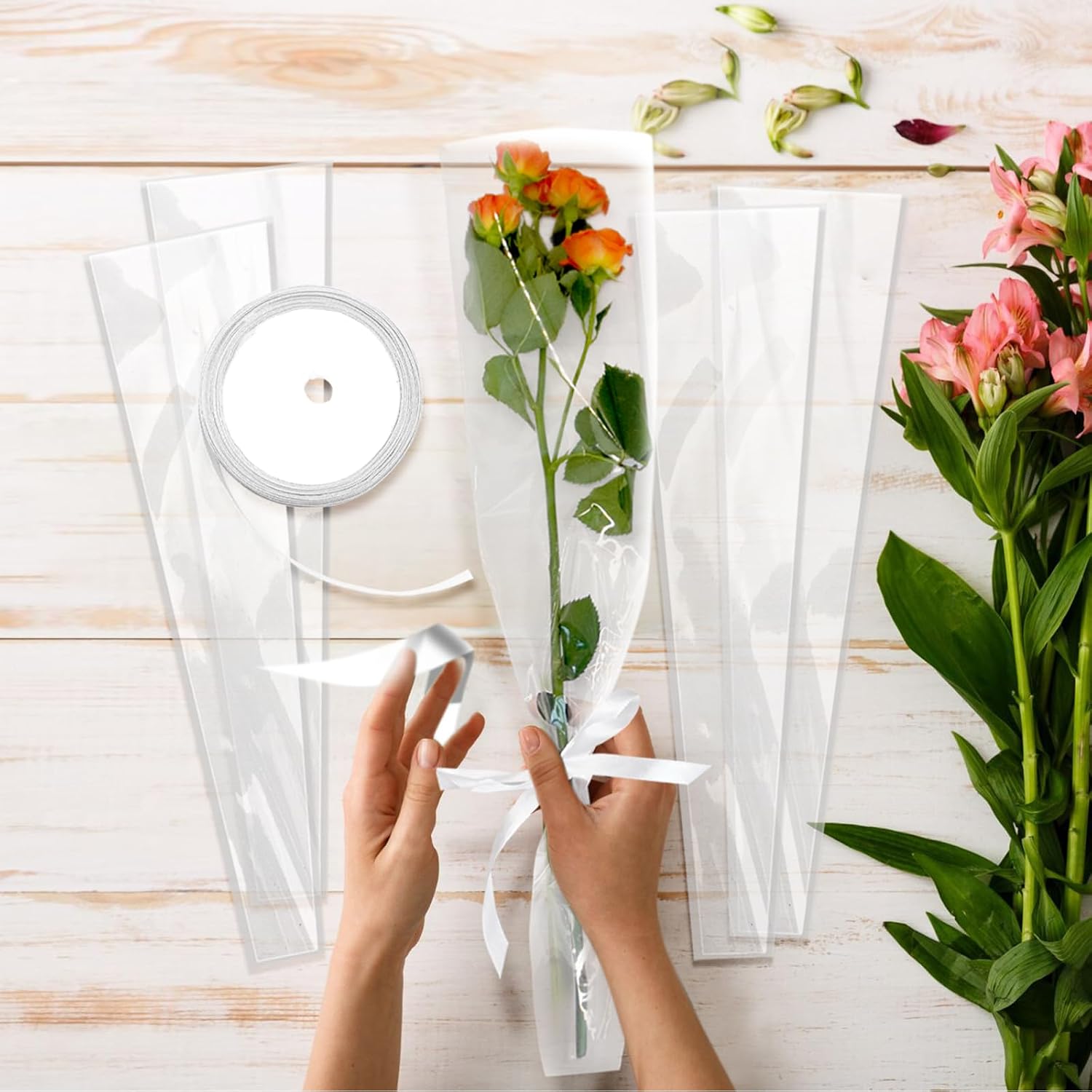 Bayurht 101 PCS Single Rose Sleeve Single with Ribbon and 50 Pcs Floral Water Tubes Flower Packaging Bags Single Flower Sleeve Flower Wrapping Bags for Bouquets Wrapping (White)