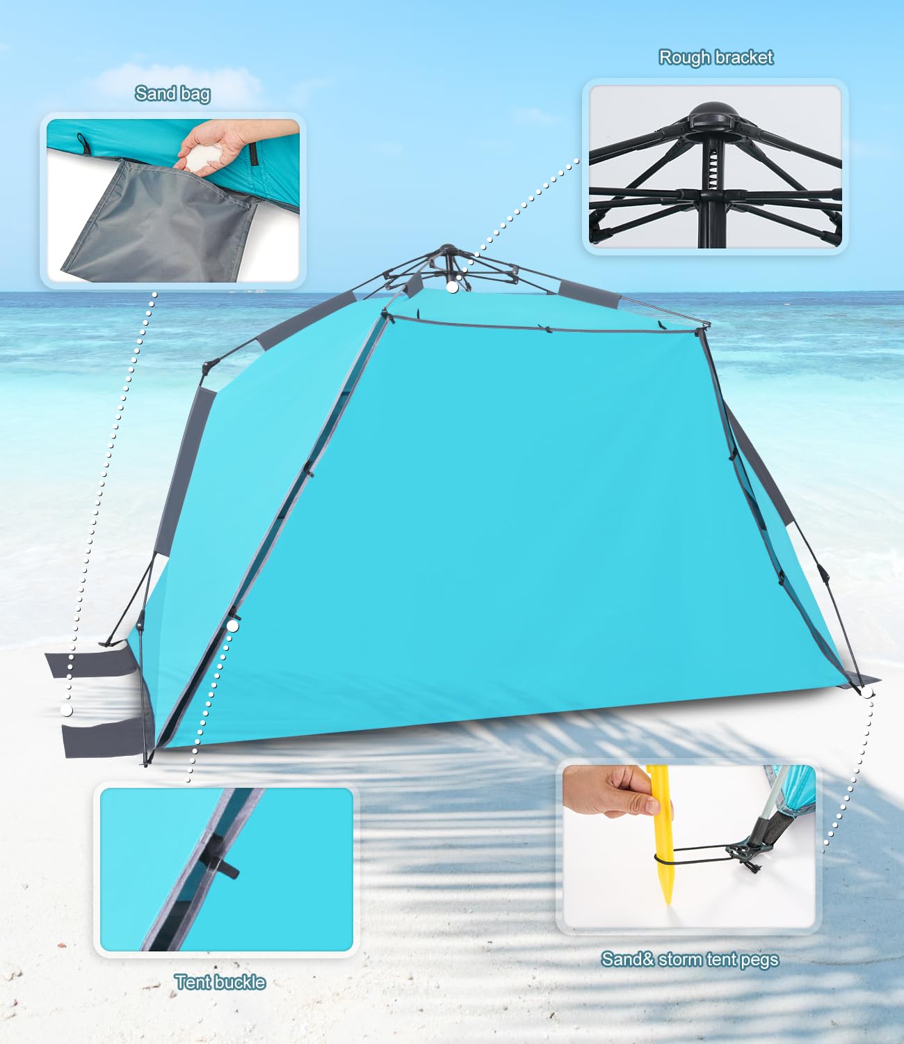 Strandmuschel Pop Up 3-4 Personen - Blau Mit 50+ UV Schutz