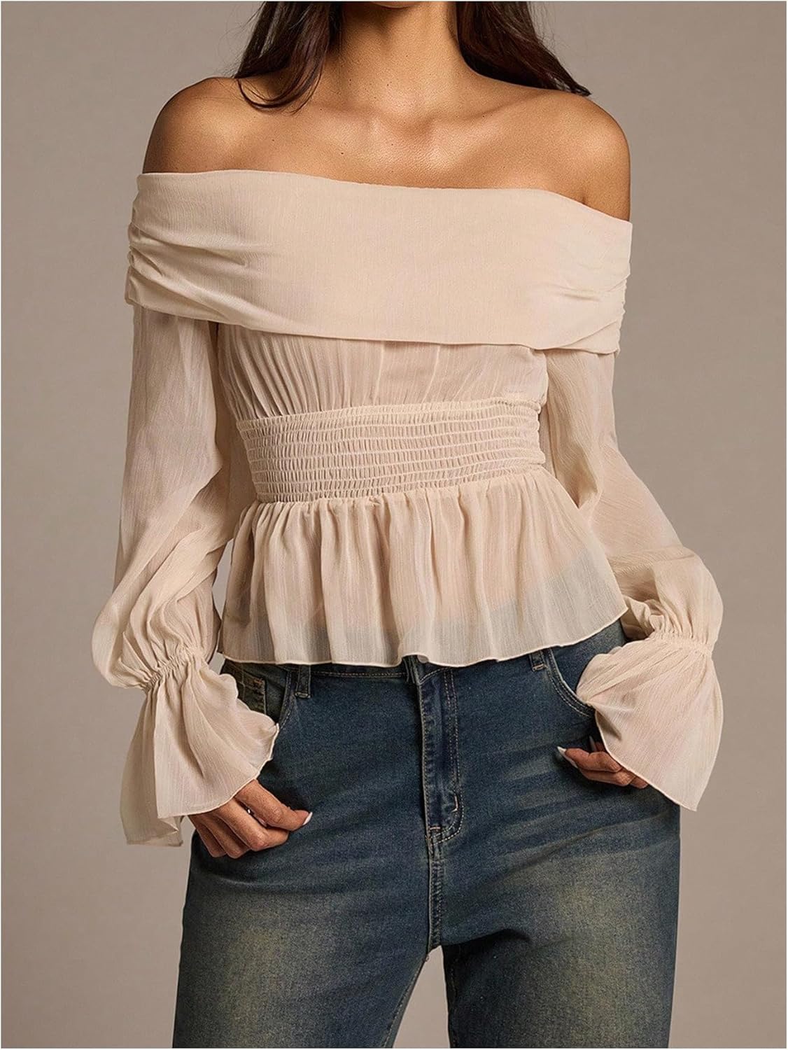 OYOANGLE Women's Off The Shoulder Bishop Blouse Long Sleeve Chiffon Shirred Ruffle Peplum Top - Image 5