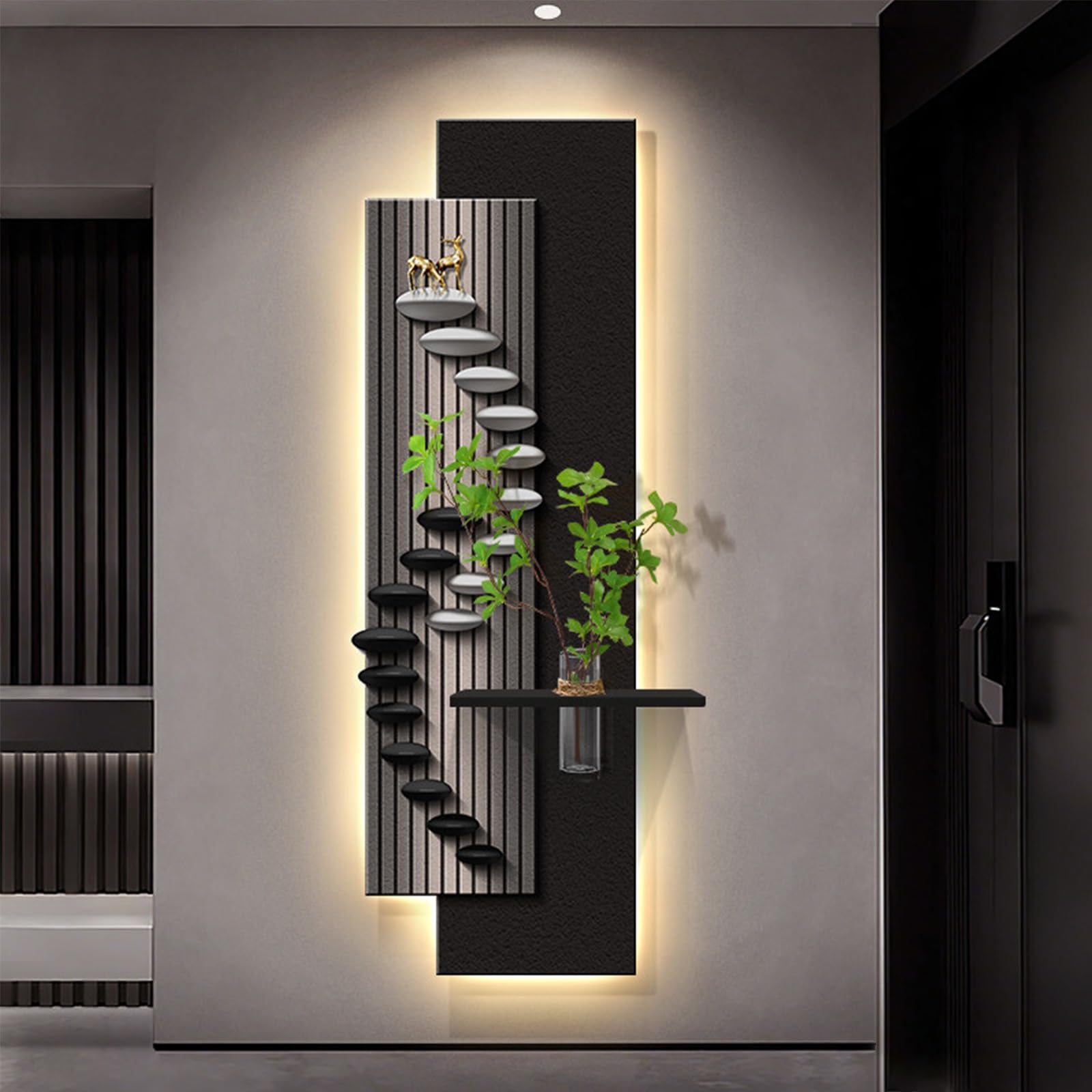 PGZMDTWI Modern 3D Sandstone Wall Art, Lighted Textured Sculpture with Glass Vase for Living Room Entryway Décor(A,60 * 180CM .7 * 70.9IN)