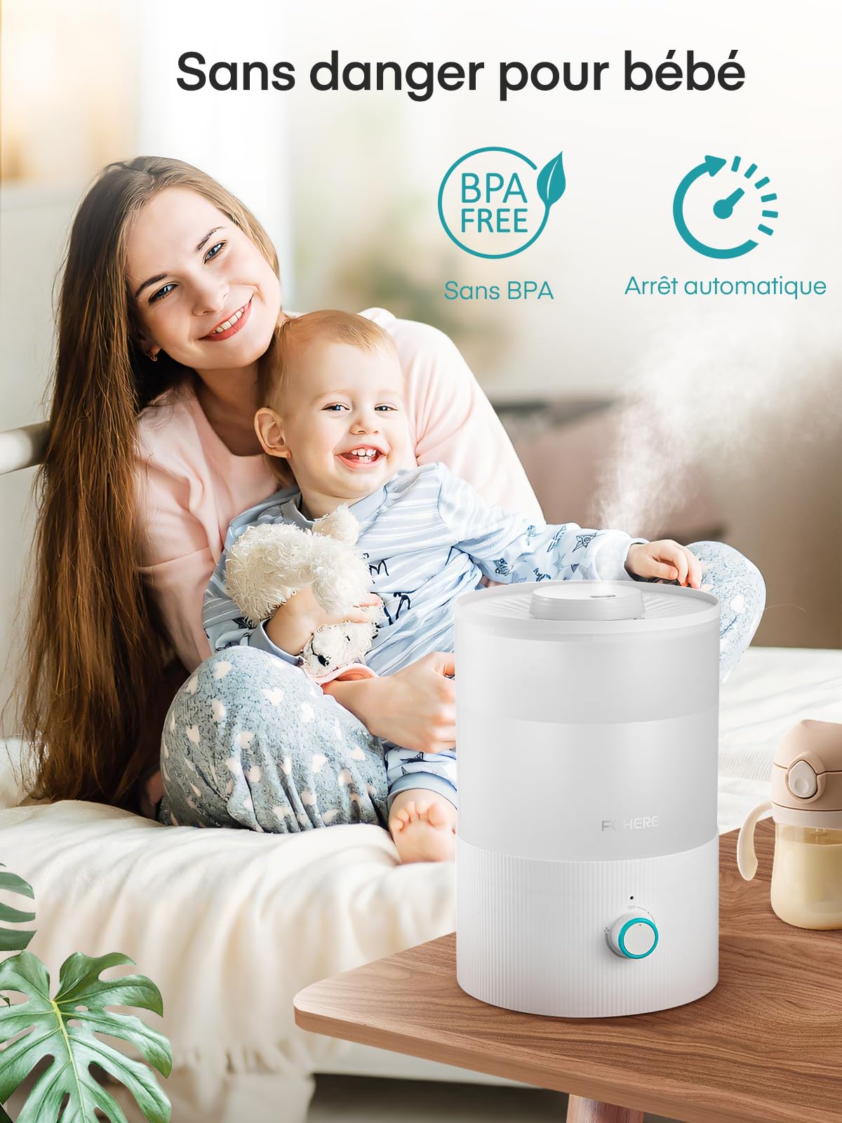 FOHERE Humidificateur d'air Chambre Silencieux 3,2L Top-Fill