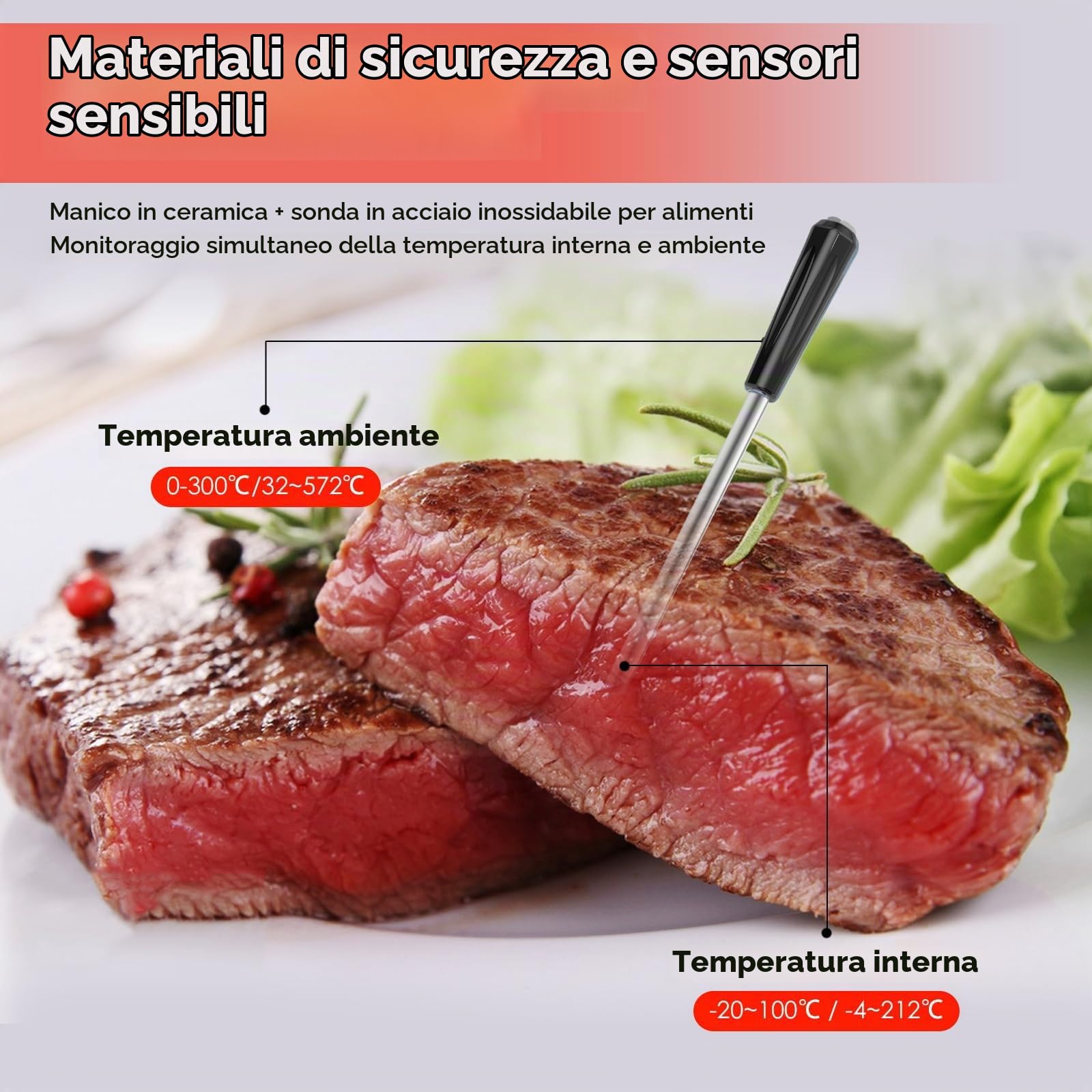 Termometro Cucina Wireless BBQ 100m Bluetooth Smart Termometro Carne Barbecue Intelligente Bluetooth PUò Essere Usato per Sonda Alimenti, Forno, Barbecue, Bistecca, App Compatibile con Ios/Android