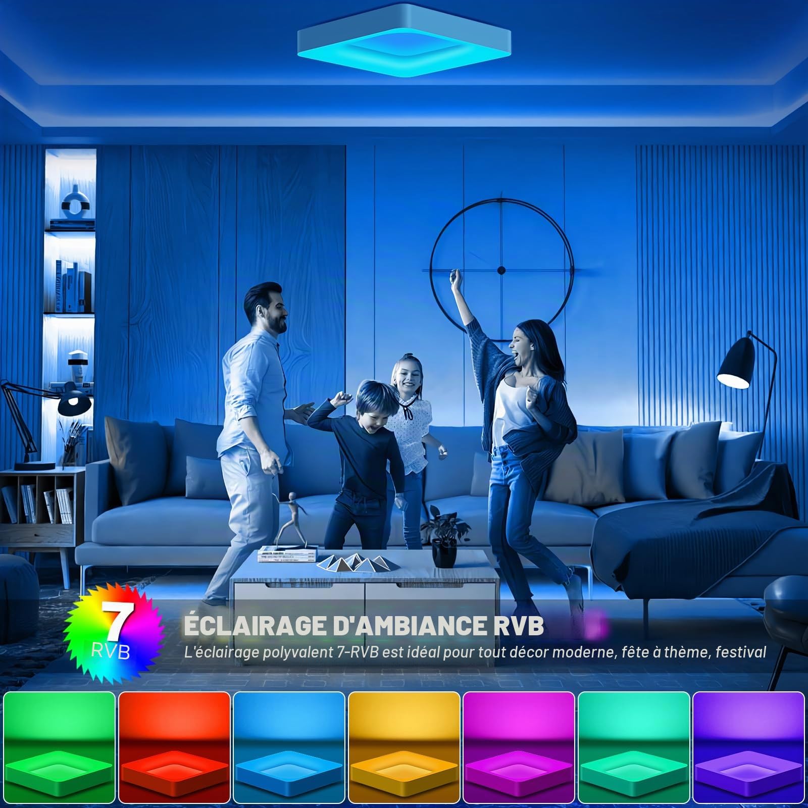 Plafonnier LED RGB 24W à intensité variable avec télécommande 2400 lm, LED plafond intensité variable 3000K-6500K, changement de couleur RGB, pour chambre d'enfant salon cuisine 28x28cm blanc