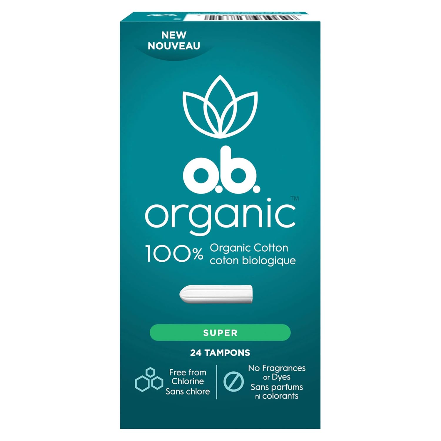 O.B. Tampões Orgânicos, Feitos com 100% Algodão Orgânico, Proteção Contra Vazamentos por 8 Horas, Super, 24 Unidades