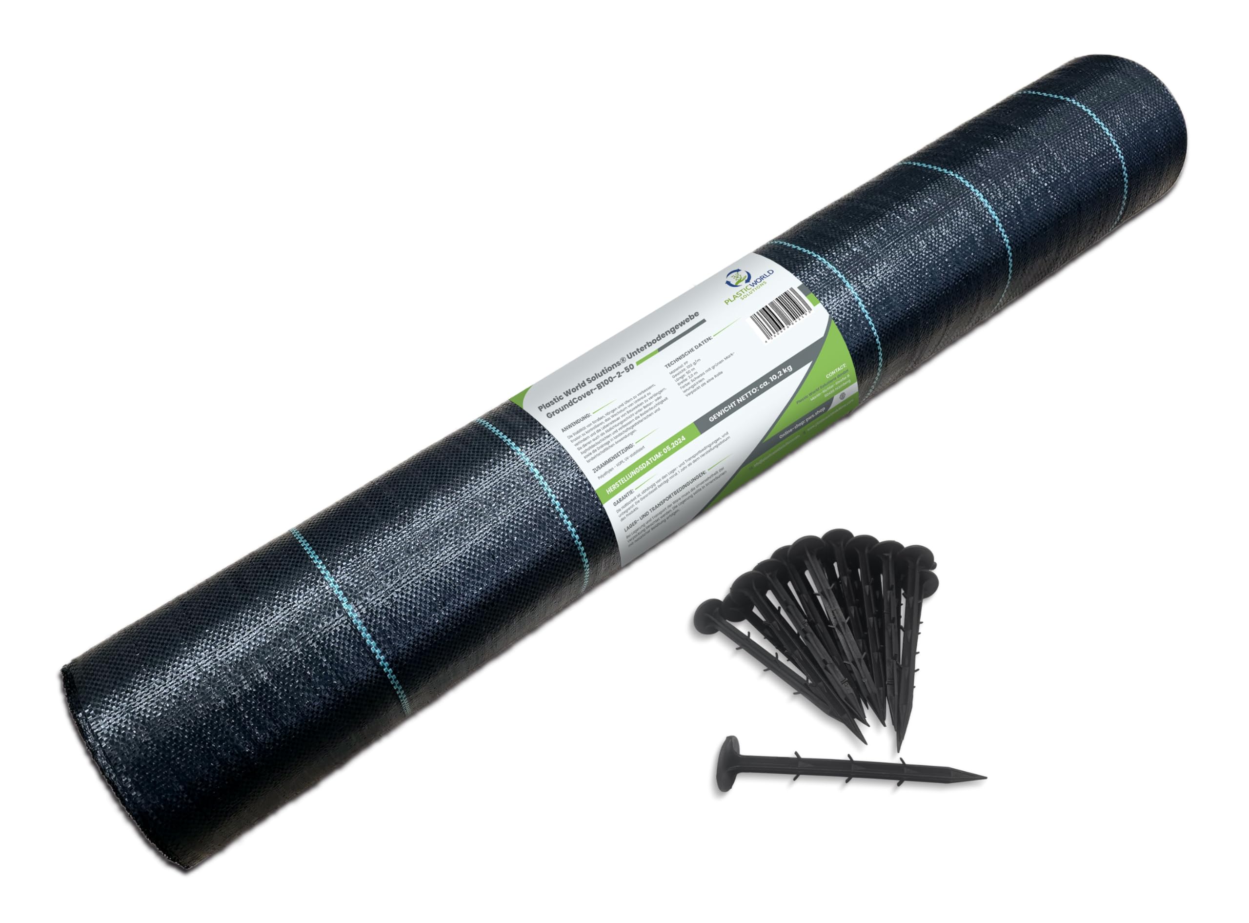 PWS 100 m² Reißfeste Unkrautfolie inkl. 20x Erdanker 100 g/m² | Wasserdurchlässig | Pflanzenvlies gegen Unkraut, Gartenvlies, Unkrautgewebe, Gartenfolie zur Unkrautbekämpfung | UV-stabil (50m x 2m)