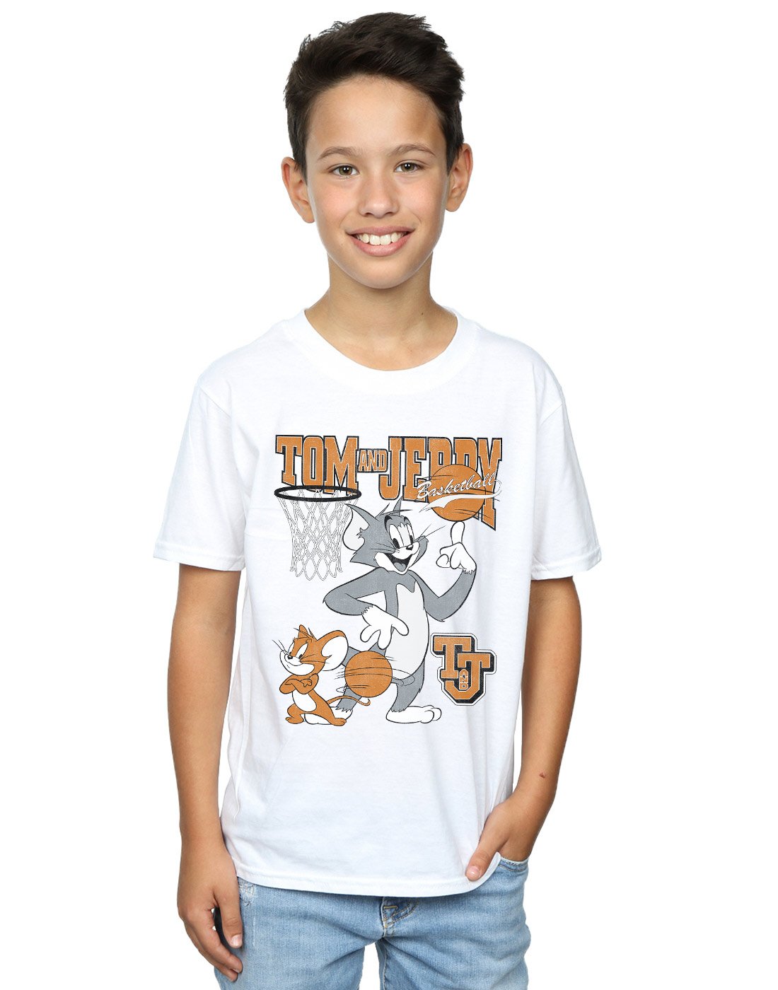 Absolute Cult Boys White Tom And Jerry Spinning Basketball T-Shirt 12-13 Years