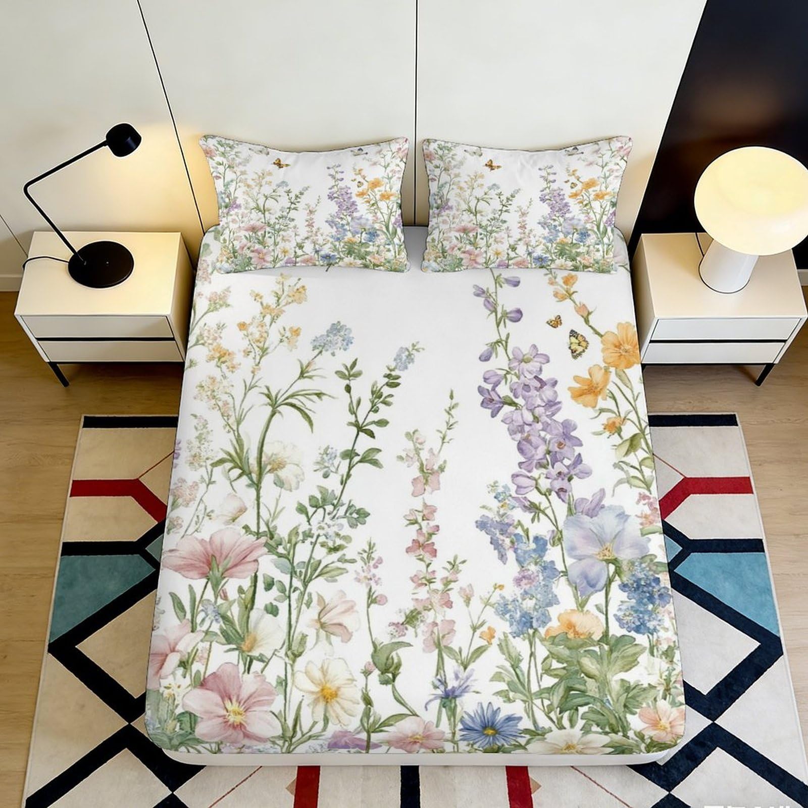 3D Printed Wildflower Meadow Fitted Sheet Microfiber Floral Bedroom Mattress Cover for Adult Teen Guest Room Decor 90x200x25cm