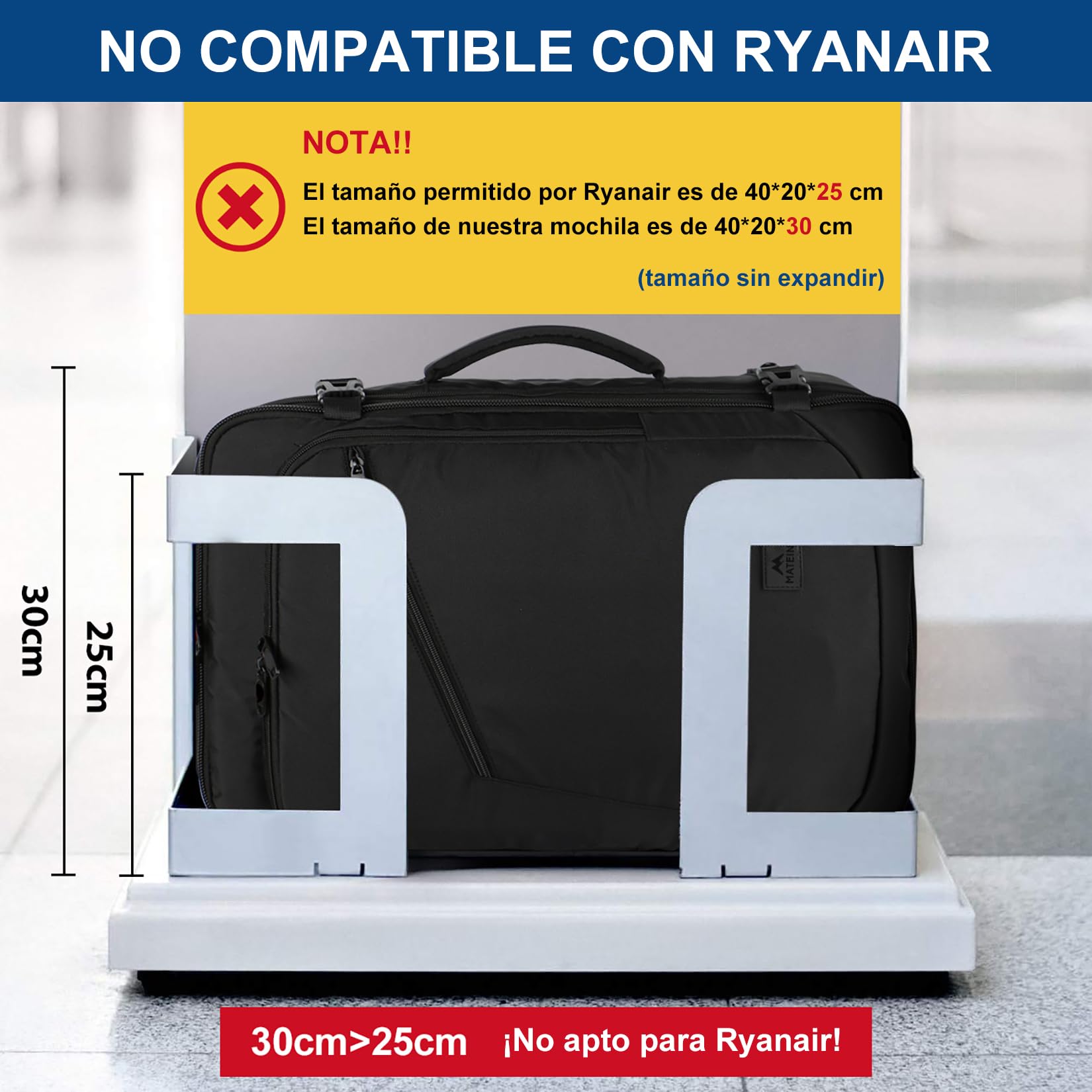 MATEIN Mochila Viaje Cabina Avion 40x30x20 Ryanair Expandible 30L Maletas Cabina 40x20x30 para Mujer y Hombre Equipaje de Mano Negro