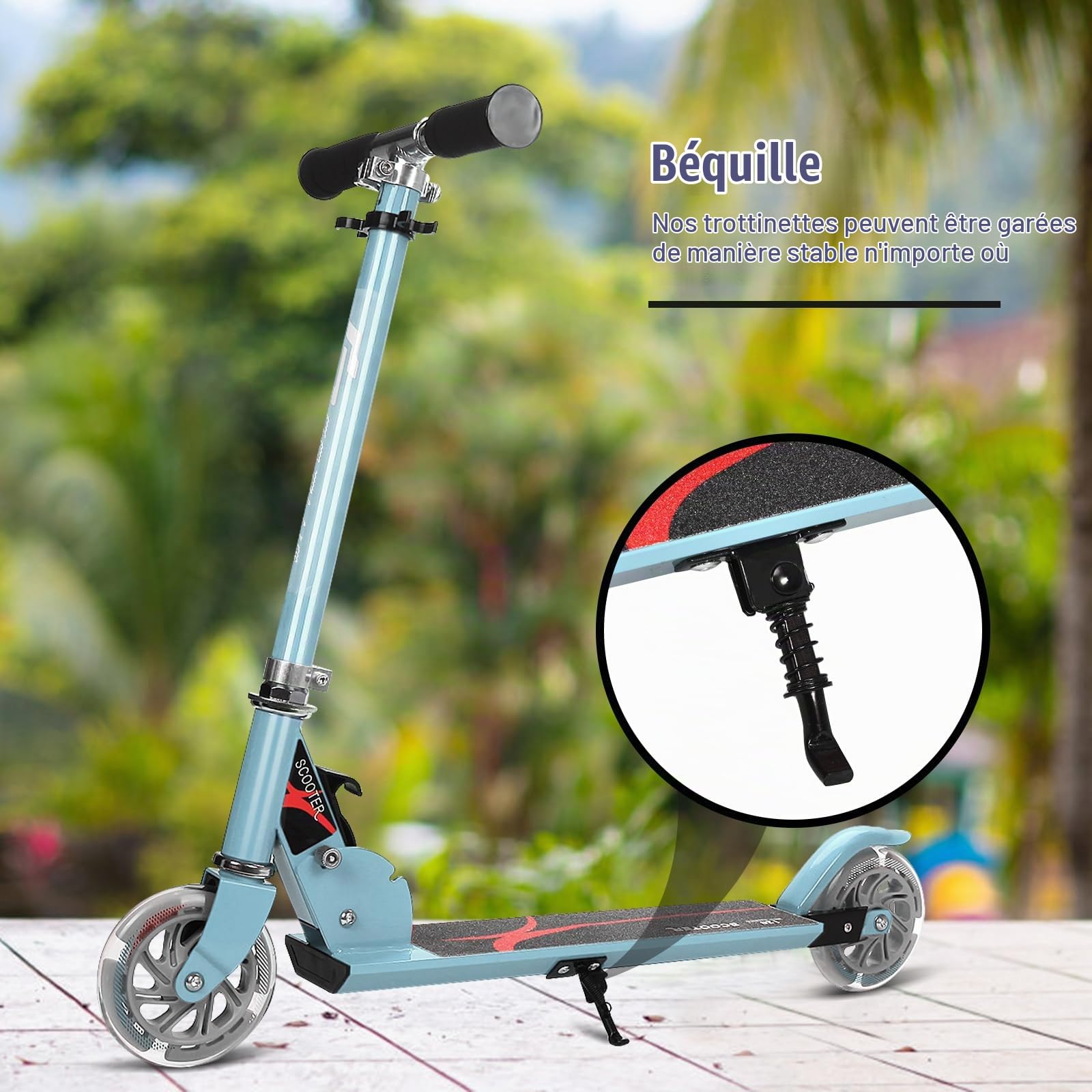 KOMFOTTEU Trottinette Enfant avec 2 roulettes, LED et Frein, Planche à roulettes Pliabl, Hauteurs réglables 63-85 cm, Scooter en Aluminium, Charge jusqu'à 70 kg, Enfants Plus de 4 Ans
