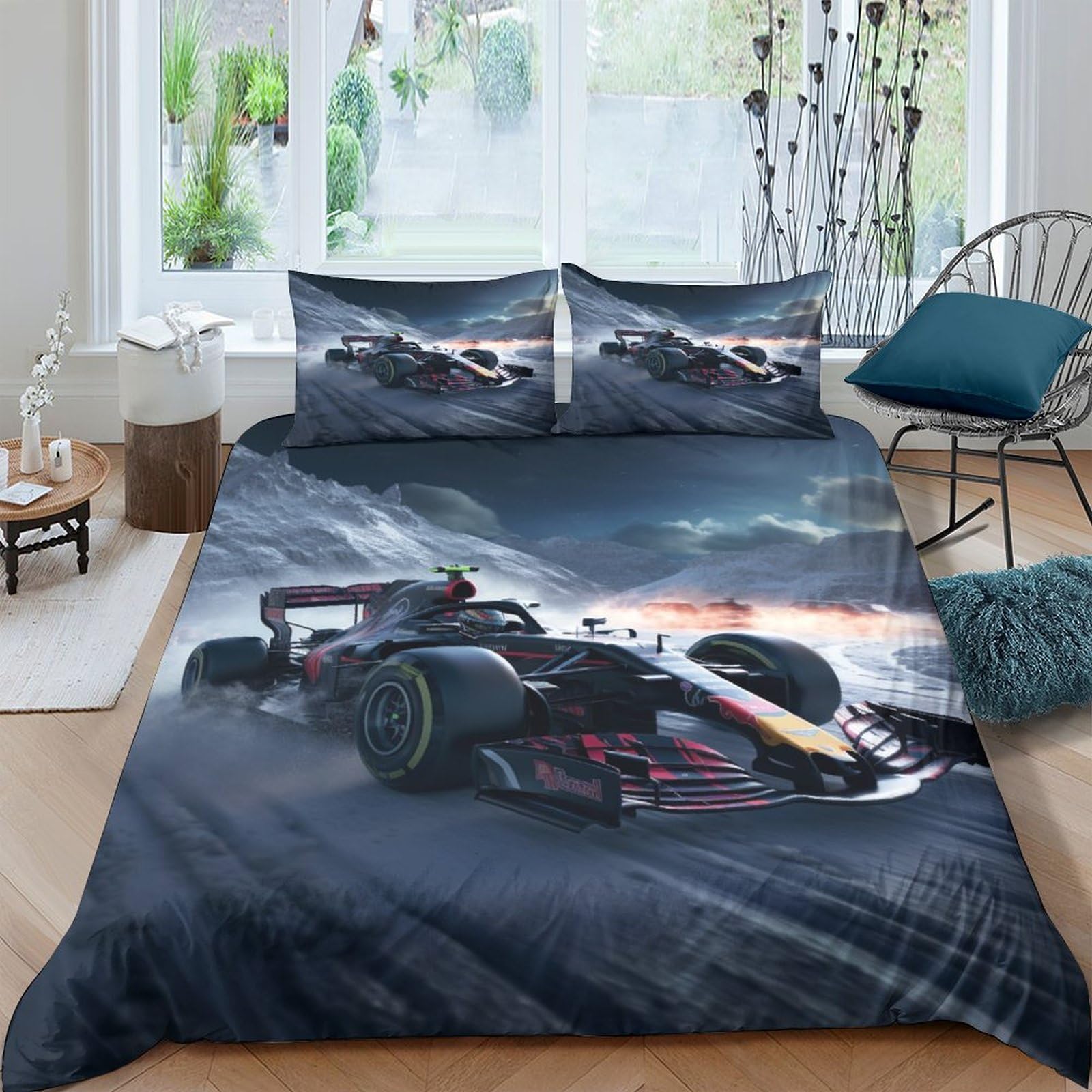 BARDYS Formula Racing Duvet Cover Set for Adults 3D Printed Bedding Set F1 Racing Comforter Cover Soft Microfiber with Zipper Quilt Cover with Pillowcaser Double（200x200cm）