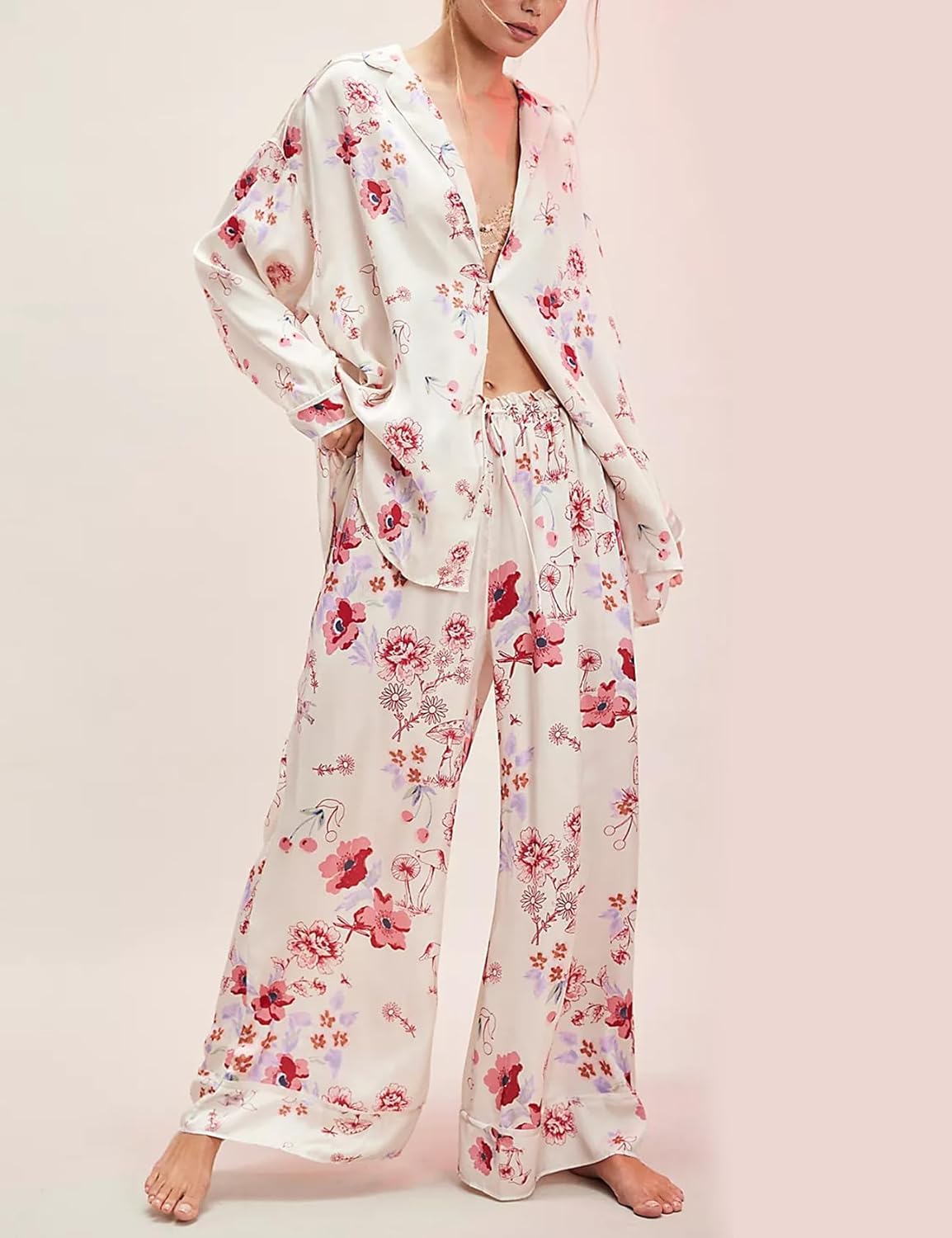 Yimoon Womens Satin Pajama Set Floral Silk Pajamas 2 Piece Cute Long Sleeve Button Down Pjs Sleepwear Lounge Set - Image 2