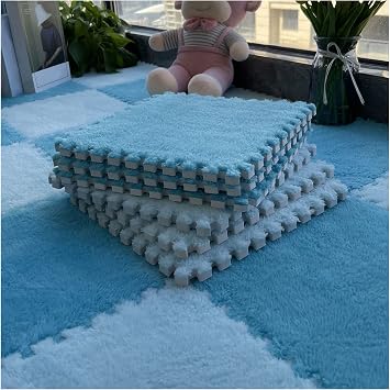 12"X12" Plush Interlocking Carpet Tiles, 10Mm Thick Foam Mat, Puzzle Play Mat, Soft Crawling Playing Floor Mat, Anti-Slip and Anti-Fall,Dark+Light Blue,30Pcs