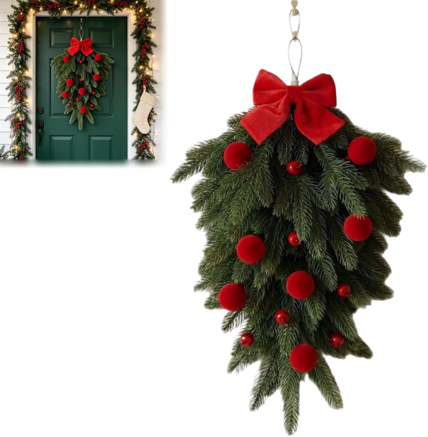 Christmas Swag with Pine Needles,Berries,and Red Bow, 23.6 Inch Artificial Christmas Teardrop Door Swag, Xmas Teardrop Wreath for Front Door,Stair Railing,Wall,Window,Porch,Mantel