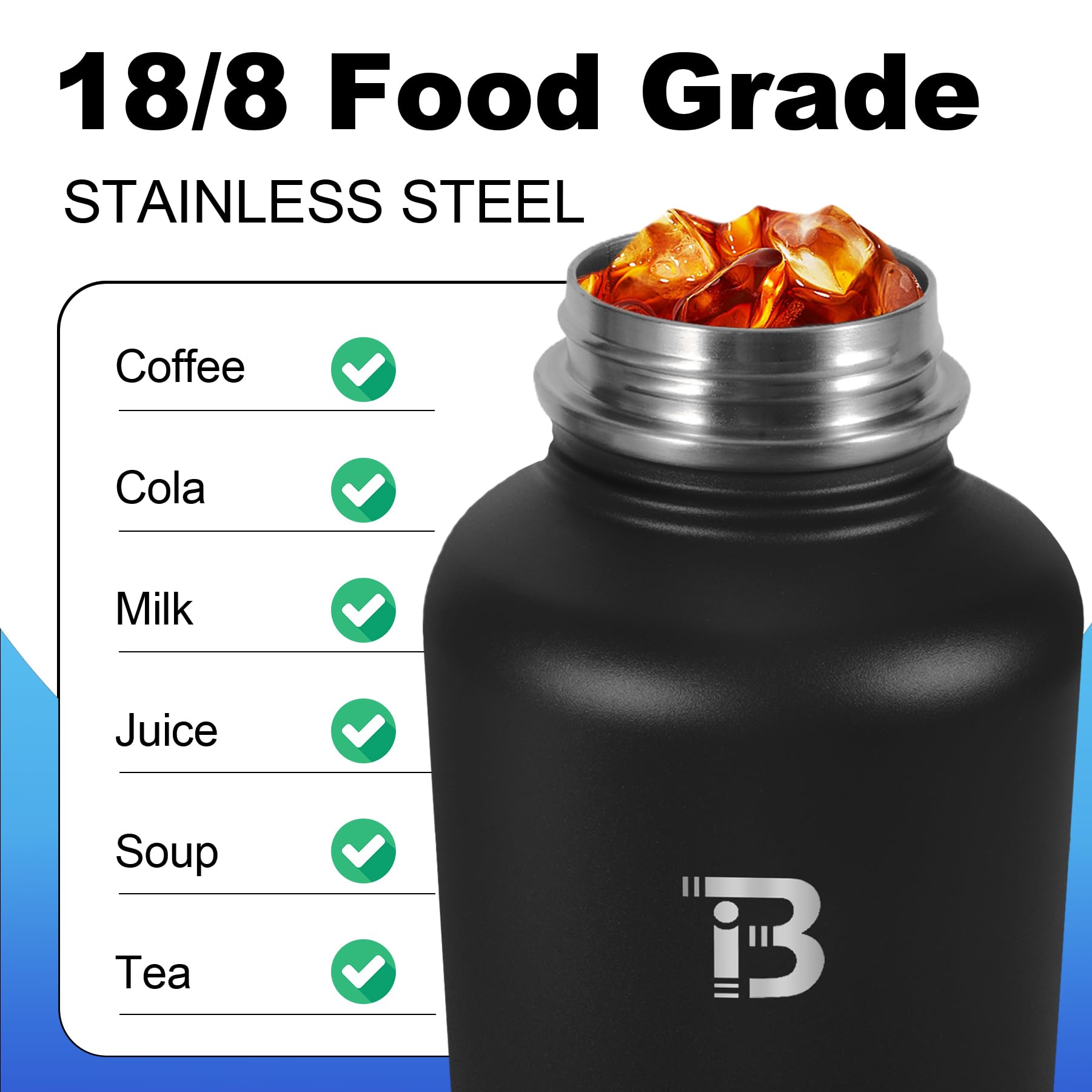 TOPBADE - Borraccia in acciaio inox, 1,9 L, isolata con 2 coperchi (con e senza cannuccia), senza BPA, in metallo, per palestra, bodybuilding, attività all'aperto