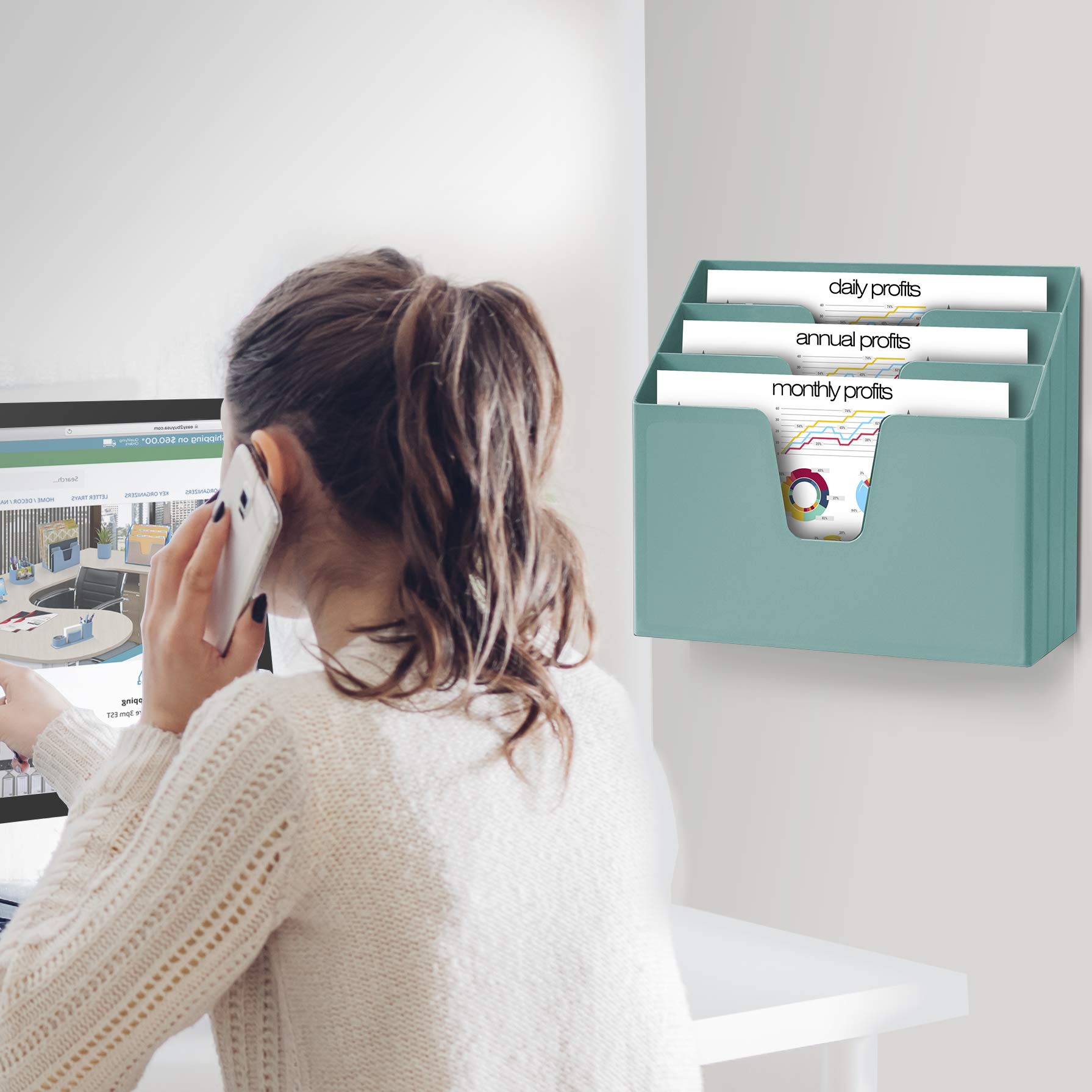 Acrimet Organizador Horizontal 3 Compartimientos Escritorio Pared Plástico Verde