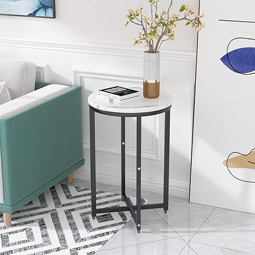 Miniatura 2 de Lamerge Juego de 2 mesas auxiliares redondas de mármol sintético con marco de metal, mesa de centro pequeña, mesa decorativa moderna, decoración del
