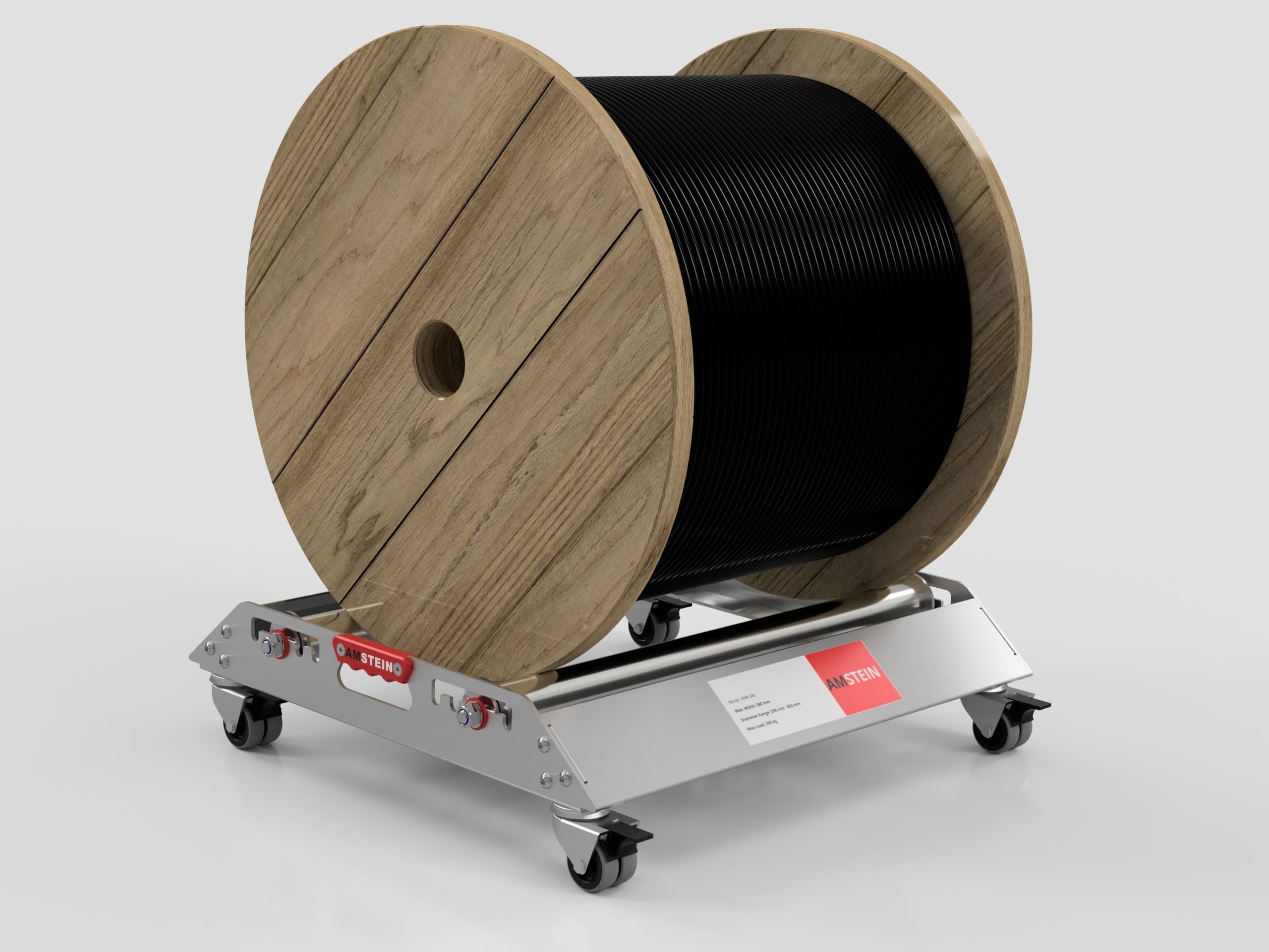 Profi Kabelabwickler AMR-580 mit 4 gebremsten Lenkrollen für Kabeltrommeln 200-850mm, bis 300kg Tragkraft, 600kg im Tandem, max 580mm Breite, robuster Trommelabroller verzinkt
