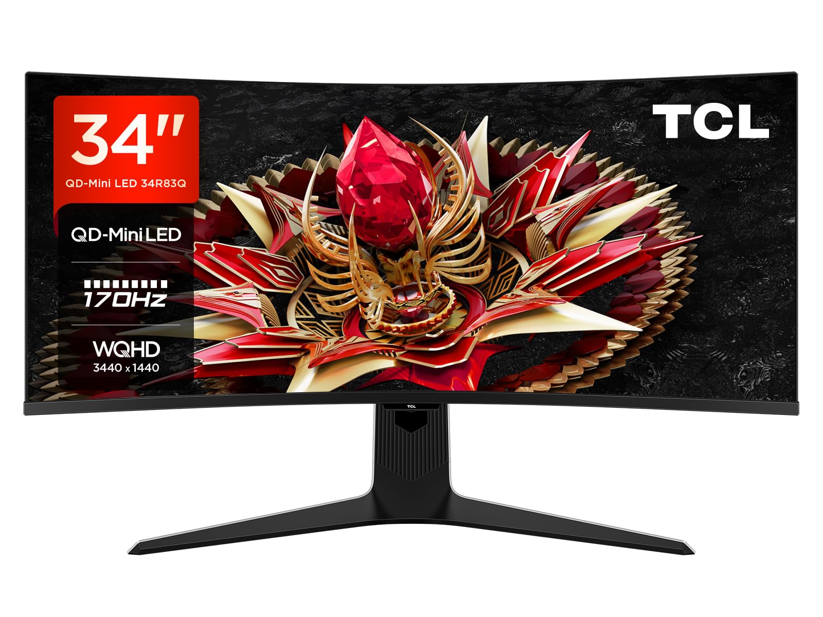TCL 34R83Q 34 Zoll WQHD Mini-LED 1500R Curved Gaming Monitor 170Hz, 1ms Reaktionszeit, AMD FreeSync, Auflösung 3440 x 1440, 21:9, 1600nits, Display HDR1400, Flickerfrei, 90W Type-C