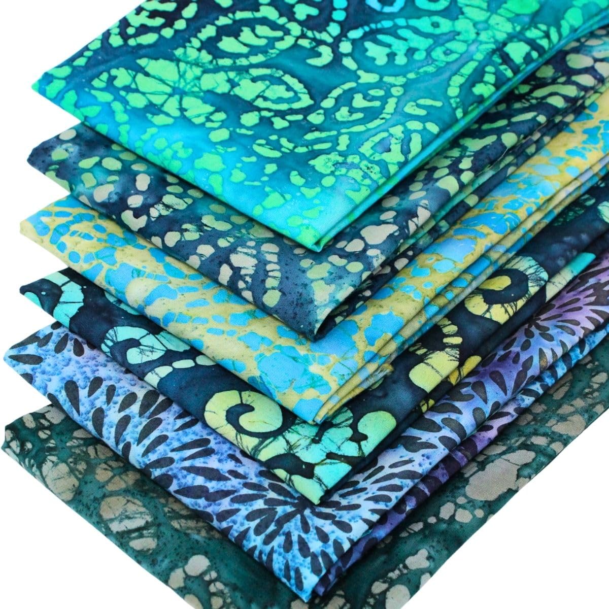 6 Fat Quarters Batik Bundle – Kelp Forest - Batik Fabrics in Shades of Deep Green and Rich Blue. 100% Cotton Ideal for Quilting, Patchwork & Crafting (with Free Patchwork Pattern by Overdale Fabrics)