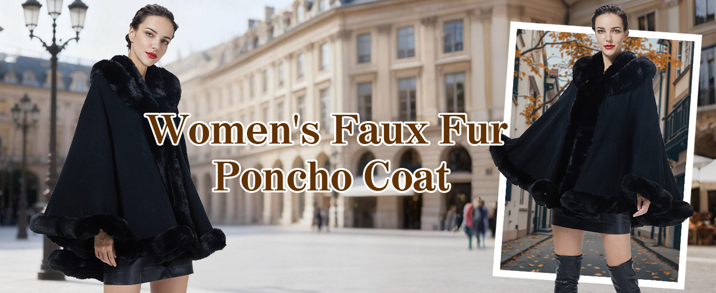 SUFCOMOU Poncho Hooded Shawl Wrap Women Cape Winter Faux Fur Trim