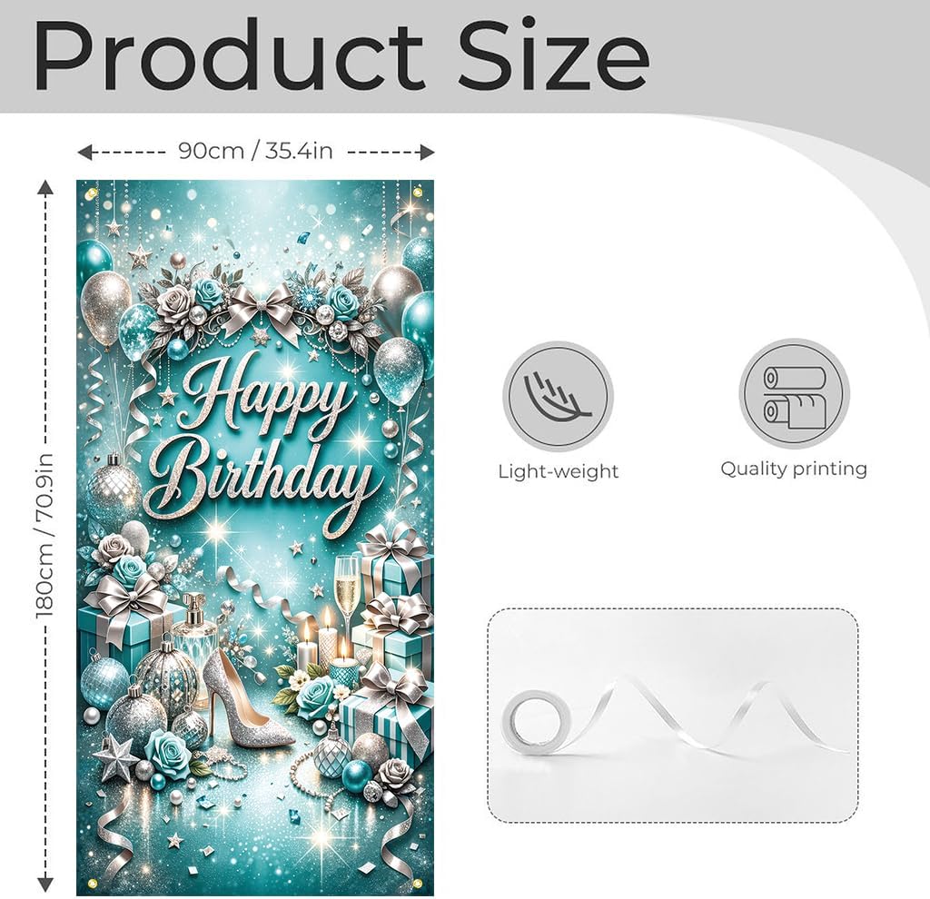 Happy Birthday Door Banner 35x71 Inch Elegant Teal Silver Birthday Door Banner with Balloons Roses Gifts Luxury Party Decoration Front Door Porch Entrance