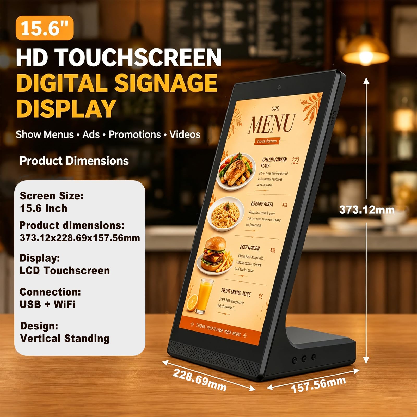 Pannello Menu Digitale per Ristoranti 15,6 Pollici, Schermo Digital Signage Touchscreen con WiFi USB, Display Elettronico per Menu, Offerte e pubblicità