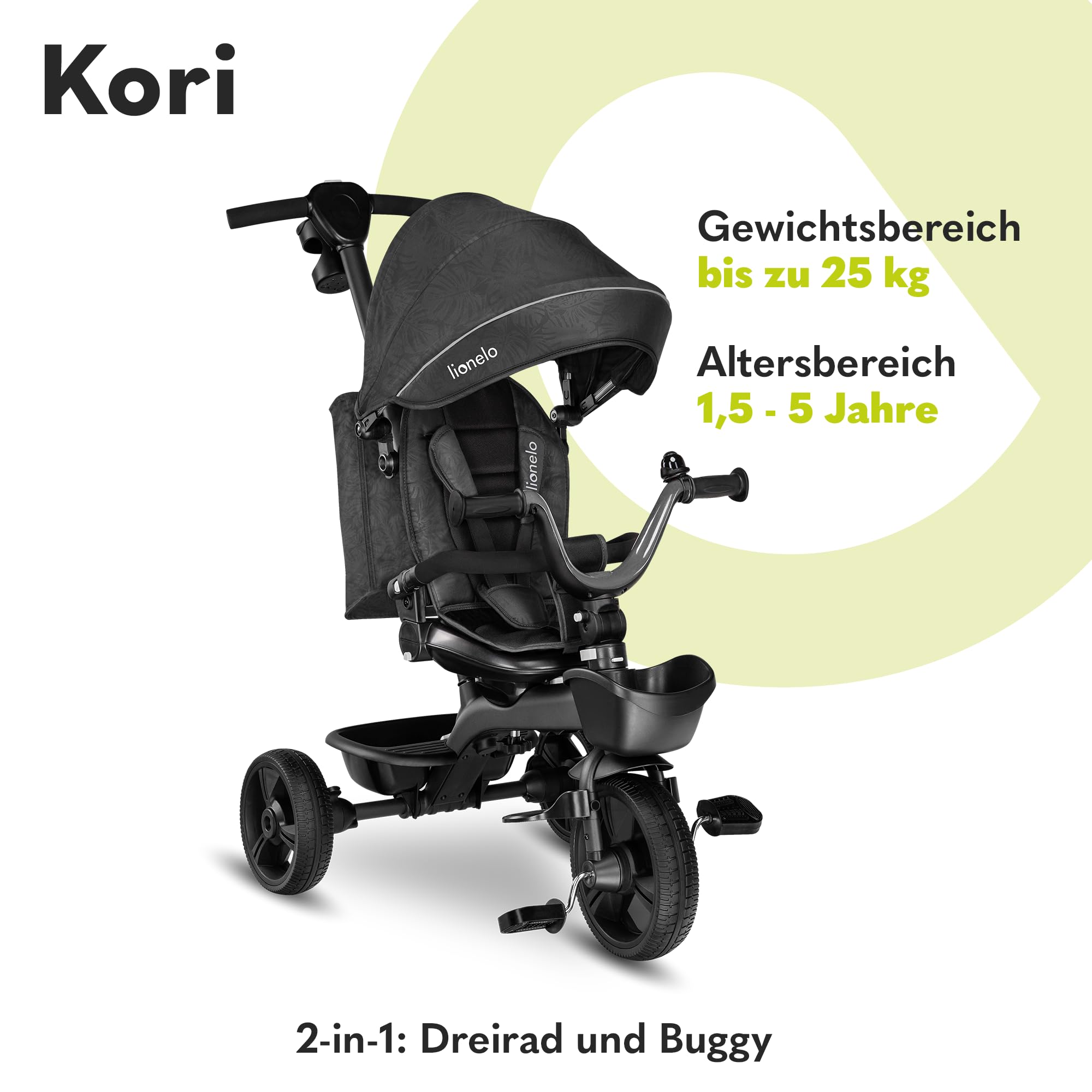 Lionelo Kori Dreirad mit Schubstange für Kinder ab 1,5 bis 5 Jahre, drehbarer Sitz, Magnesium-Rahmen, wartungsfreie Gummiräder, freies Rad, abnehmbares Vordach, 55 x 80 x 56 cm