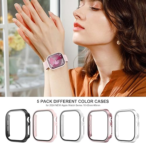Miniatura 24 de Haojavo Paquete de 5 fundas con protector de pantalla de vidrio templado para Apple Watch Series 9, 8, 7, 1.772 pulgadas, policarbonato duro