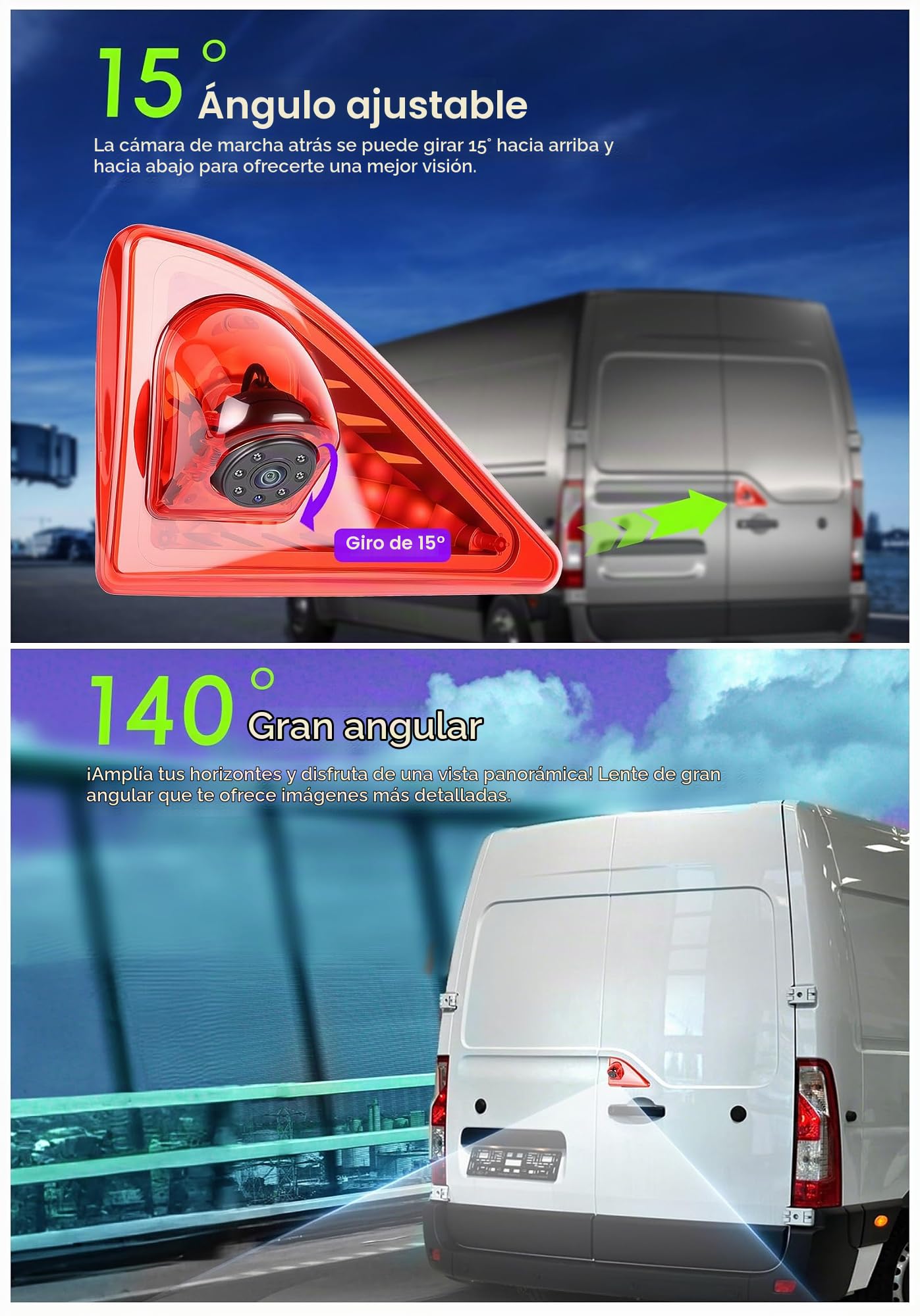 CAMECHO Luz de Freno Cámara Trasera HD Visión Nocturna IP67 Cámara Impermeable para Nissan NV400 Opel Movano Renault Master 2010-2016 Tercera luz de Freno con Gran Angular 140°, 12 V, Cable 10M