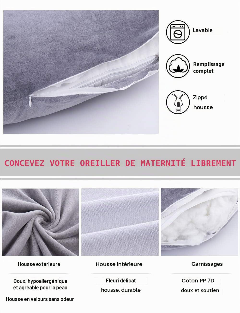 Coussin de Grossesse en Forme de U pour Femme Enceinte avec Housse en Velours amovibl (Gris)