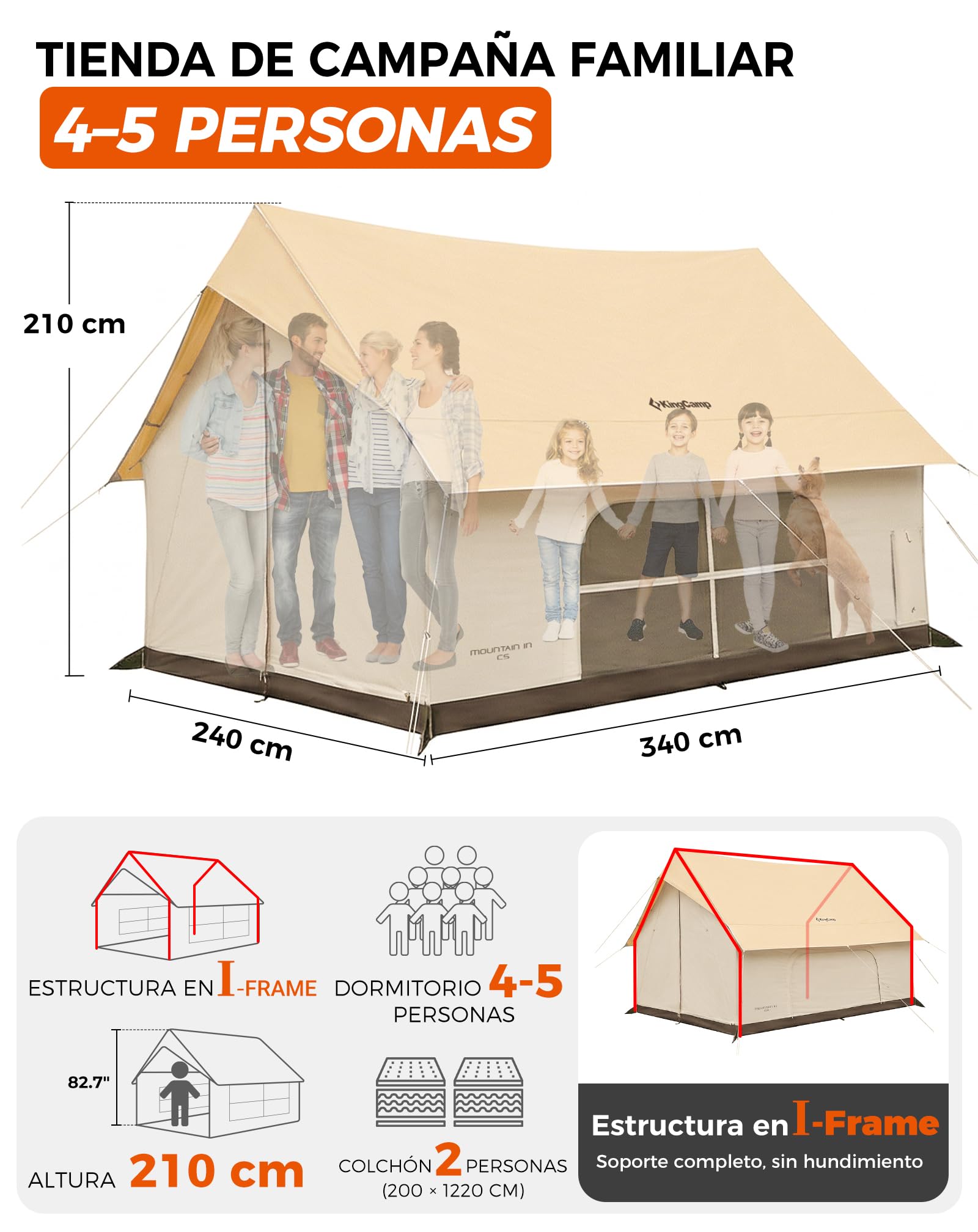 KingCamp 4-5 Personas Tienda,8 m² Tienda Casa con Abertura para Chimenea & AC – 210g TC Tienda Impermeable, 2 Puertas 4 Ventanas, con Tejido Ignífugo, para Camping Familiar, Glamping Festivales