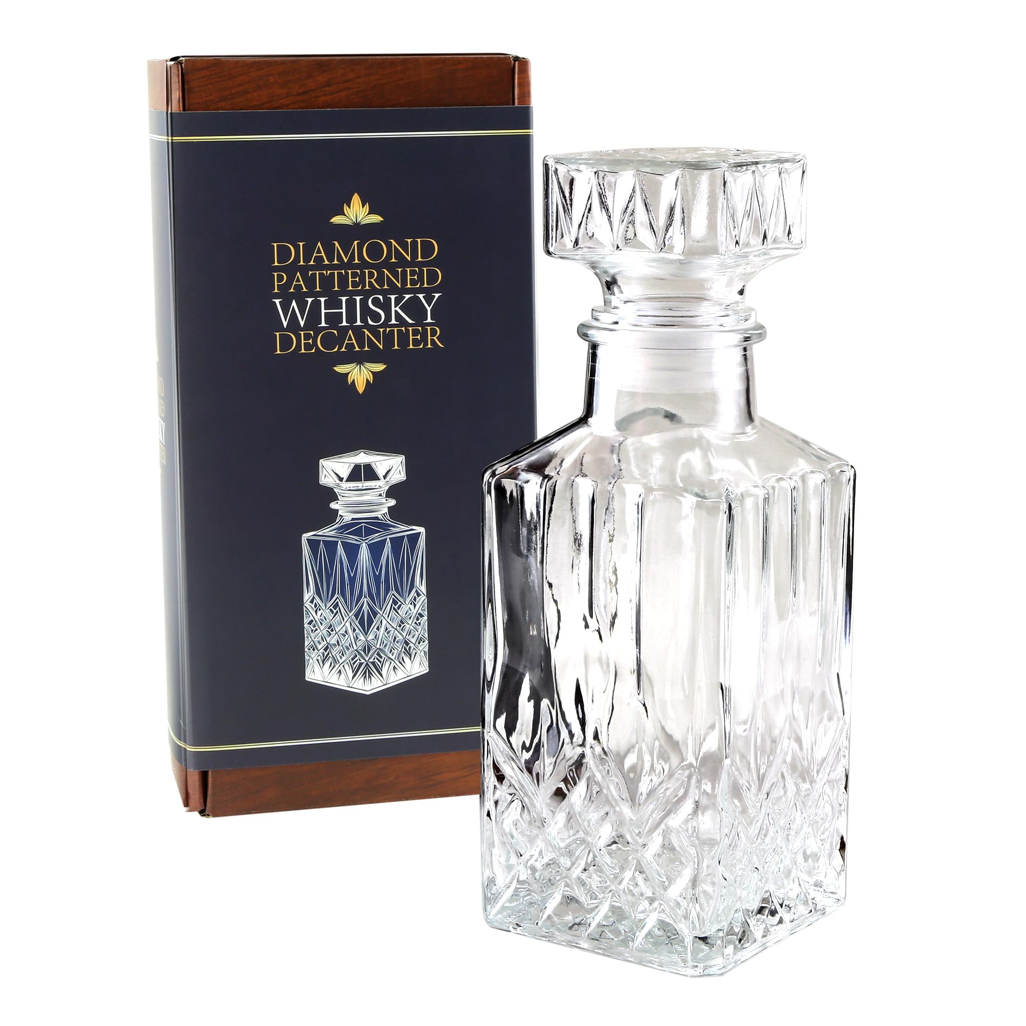 Kimm & Miller Classic Glass Whiskey Decanter with Stopper (900ml) - Diamond Pattern Cut Glass Style Finish - Luxury Whiskey Gift Sets for Men & Women