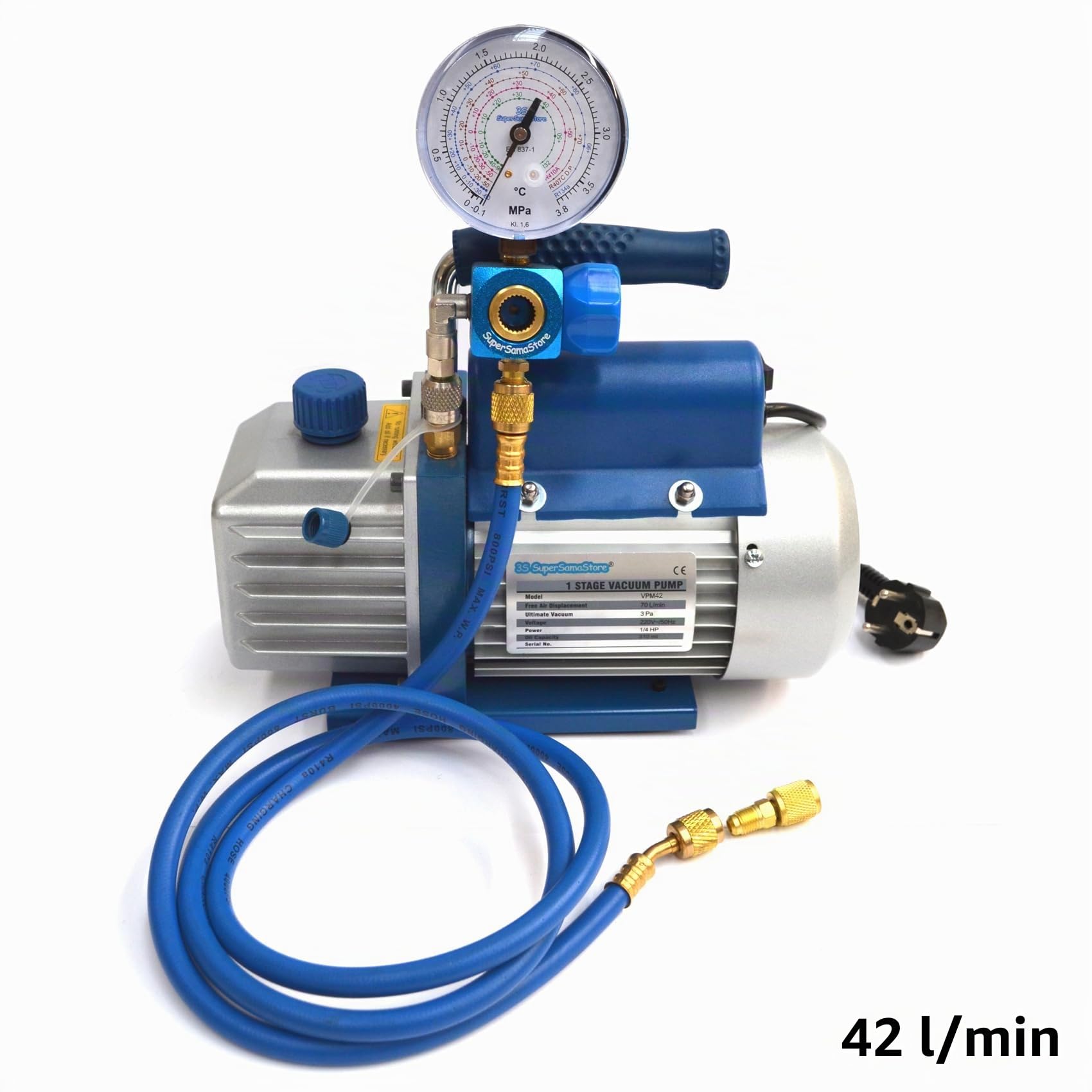 3S SuperSamaStore Vakuum- und Füllset mit Pumpe 42 l/min, Schläuche und Kälte-Manometer für R32 - R410A - R407C - R134A, Professionelles Kälteset für Vakuum und Kältemittelfüllung Klimaanlagen
