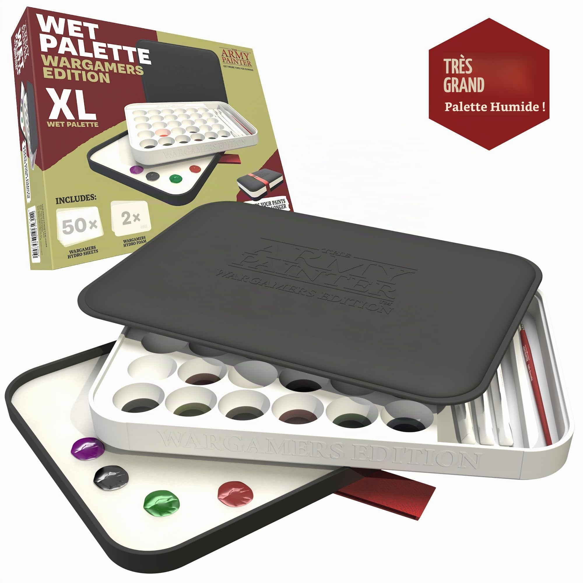 The Army Painter, Wargamers Edition XL Wet Palette, 50 feuilles hydro | 50 feuilles hydro, 2 mousses hydro et espace de rangement pour pinceaux, pour peintures acryliques