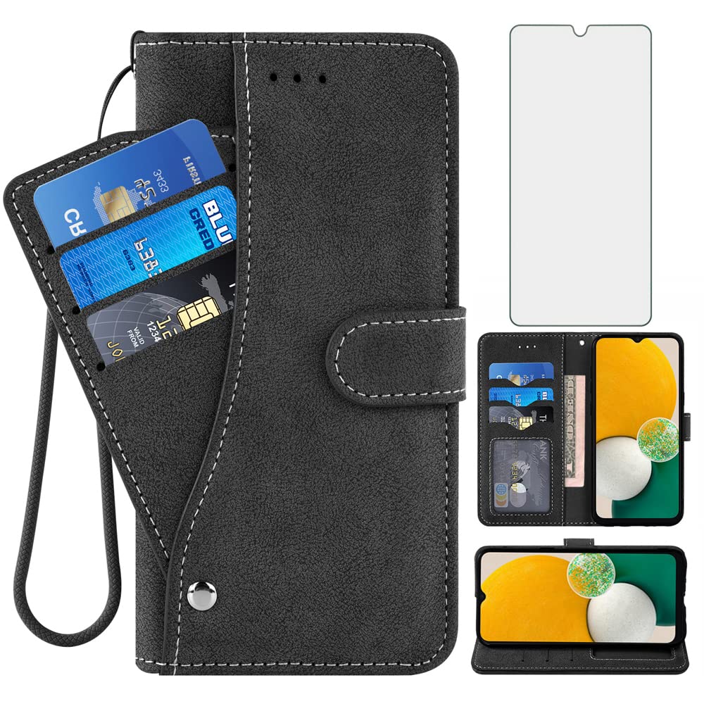 Asuwish Compatible with Samsung Galaxy A13 5G Wallet Case and Tempered Glass Screen Protector Flip Card Holder Slot Stand Cell Phone Cover for A04S M13 G5 A 13 2022 13A A135G SM A136U Women Men Black