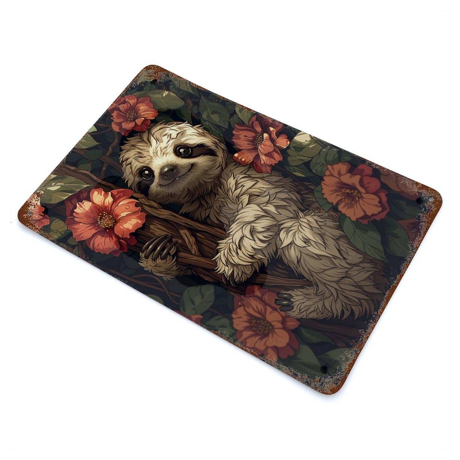 Smiling Sloth in Flowers Rusty Metal Tin Sign 11.8"x7.9", Ideal for Shed, Workshop And Garage Wall Decor