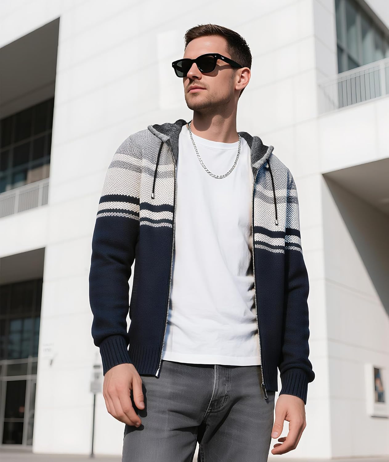 LLdress Mens Knit Cardigan Sweaters Sherpa Lined Full Zip Hoodie With Pockets - Image 2