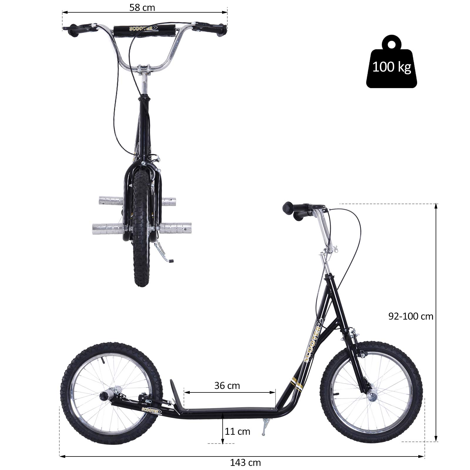 HOMCOM Kinderroller Scooter Tretroller Cityroller Kinder Roller Kickboard 16 Zoll 143 x 58 x 92-100 cm