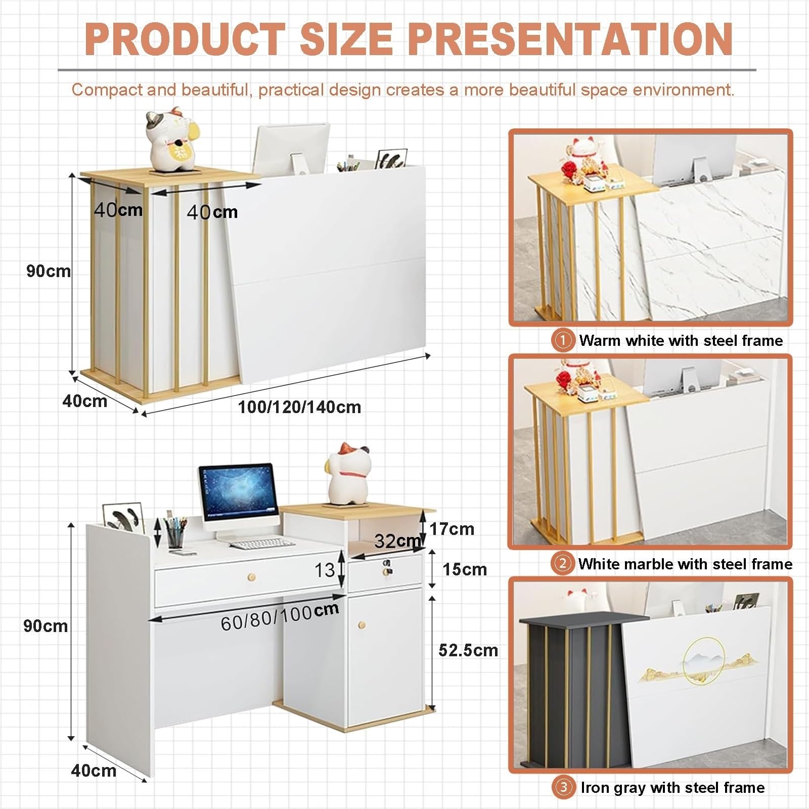 JingNian Comptoir de Réception Bois et Blanc, Meuble d’Accueil Moderne pour Bureau et Magasin, Table de Réception Stable avec Grand Plan de Travail(Warm White,120cm)