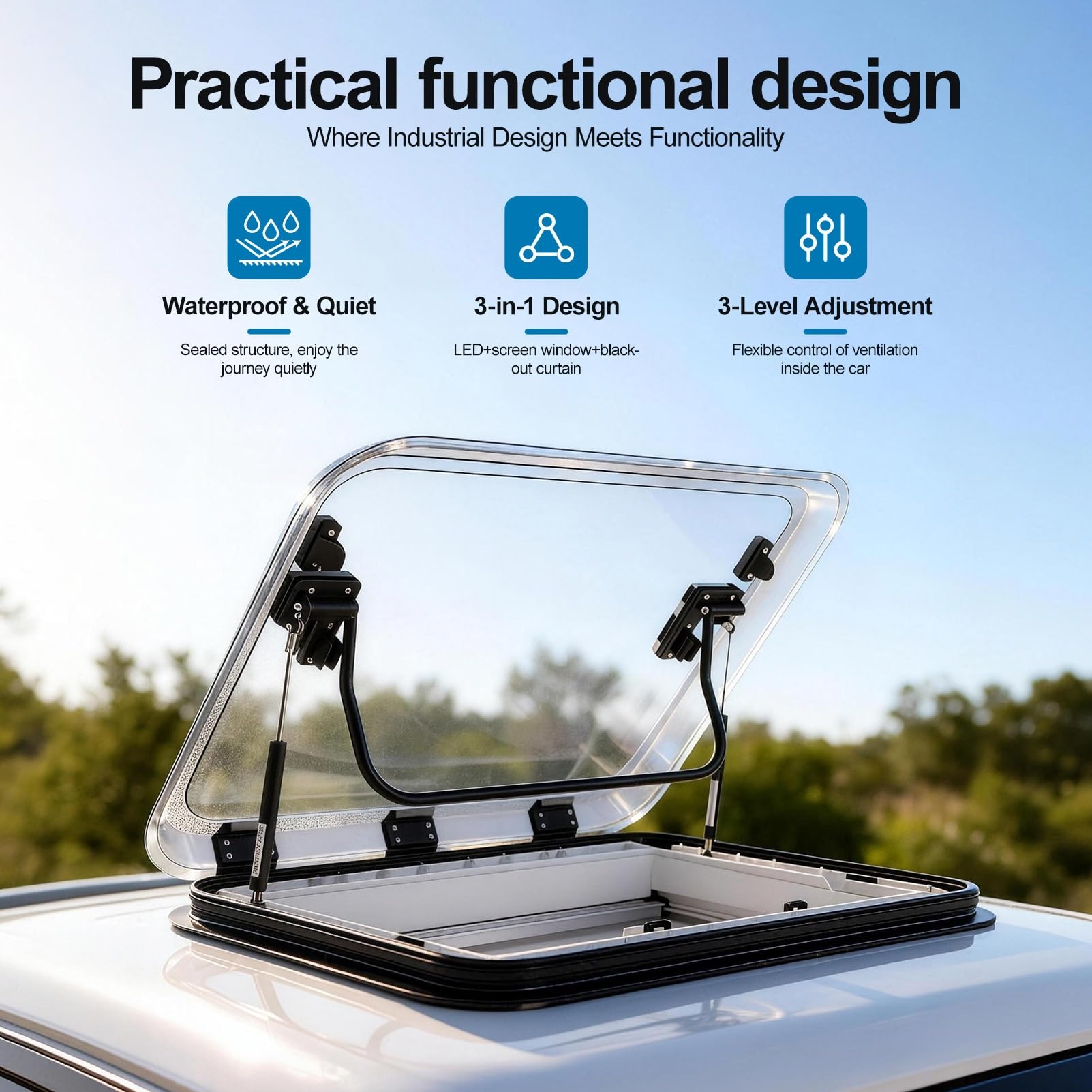 50x50cm Premium Wohnmobil Dachfenster / Dachluke / Dachhaube – 2V LED + UV-Schutz + Insektenschutz,70° Öffnung & Doppelfunktion,Für Camper, Wohnwagen, Caravan, Boot(19.7"x19.7")