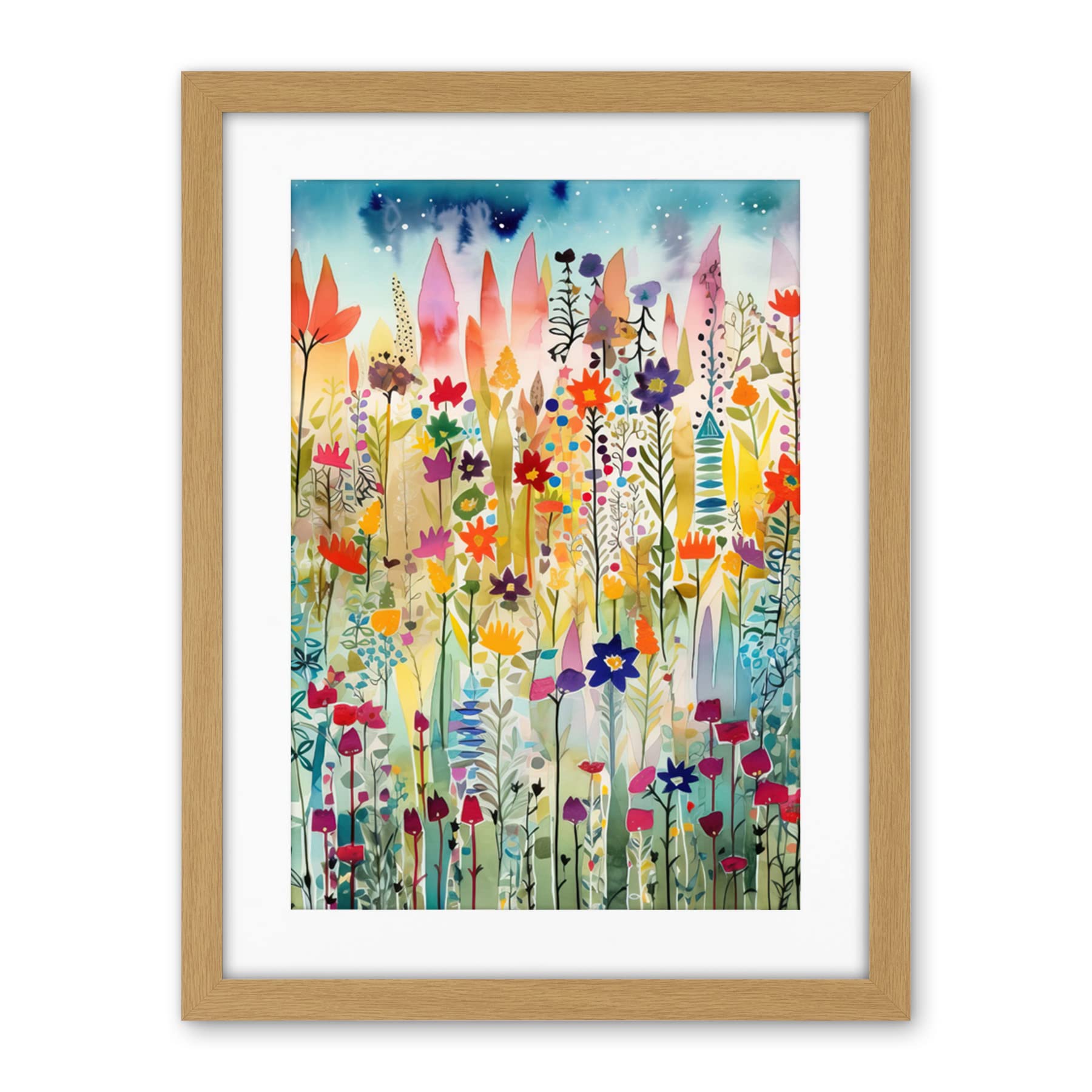 Artery8 Layered Spring Flower Field Folk Art Artwork Framed Wall Art Print 18X24 Inch
