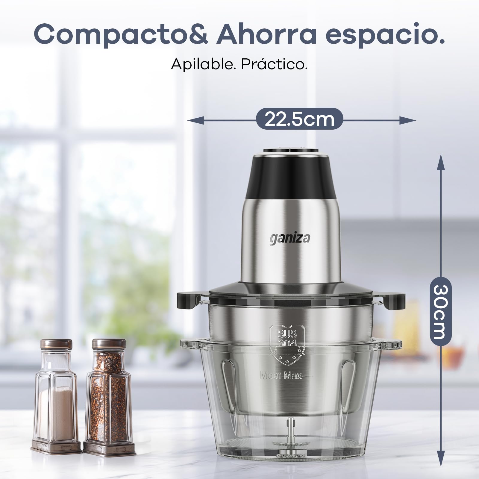 Ganiza Picadora de carne eléctrica, procesador de alimentos con 2 recipientes (1,8 L + 1,8 L), 2 cuchillas dobles, 2 velocidades, picadora eléctrica multifuncional para carne, verduras y frutos secos