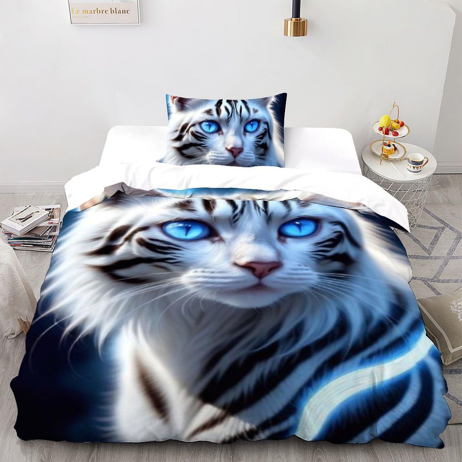 Parure de lit tigre blanc haut de gamme en pur coton 135x200cm confort luxueux 3D
