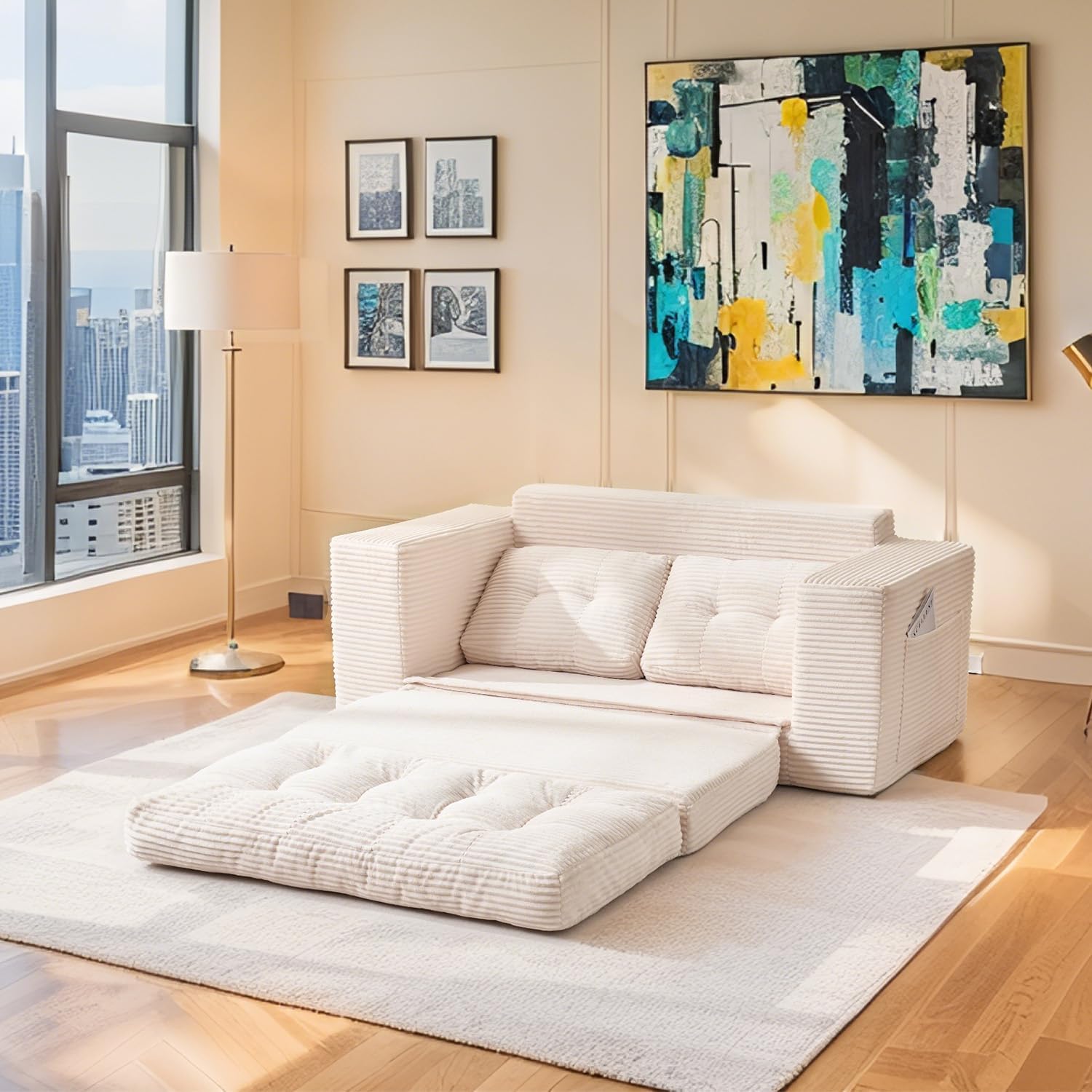 Modern Convertible Loveseat Sofa in a Box, Foldable 2 in 1 Sofa Bed,Cream White Ribbed Corduroy Fabric, Pull-Out Sleeper, Rearrangeable Couch for Apartment/Small Living Room