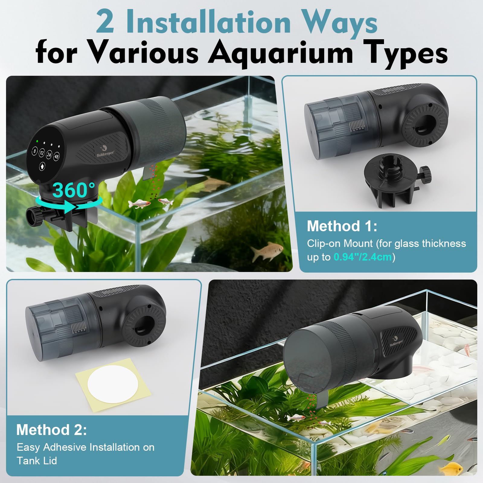 fishkeeper Futterautomat Aquarium mit Batteriebetrieb & Feuchtigkeitsbeständiges, 200ml Fischfutter Automat mit 4 Timer - Einstellungenideal für Urlaub und Reisen, Geeignet für Granulat & Flocken